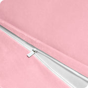 Close up of the zipper on a shaggy duvet cover
