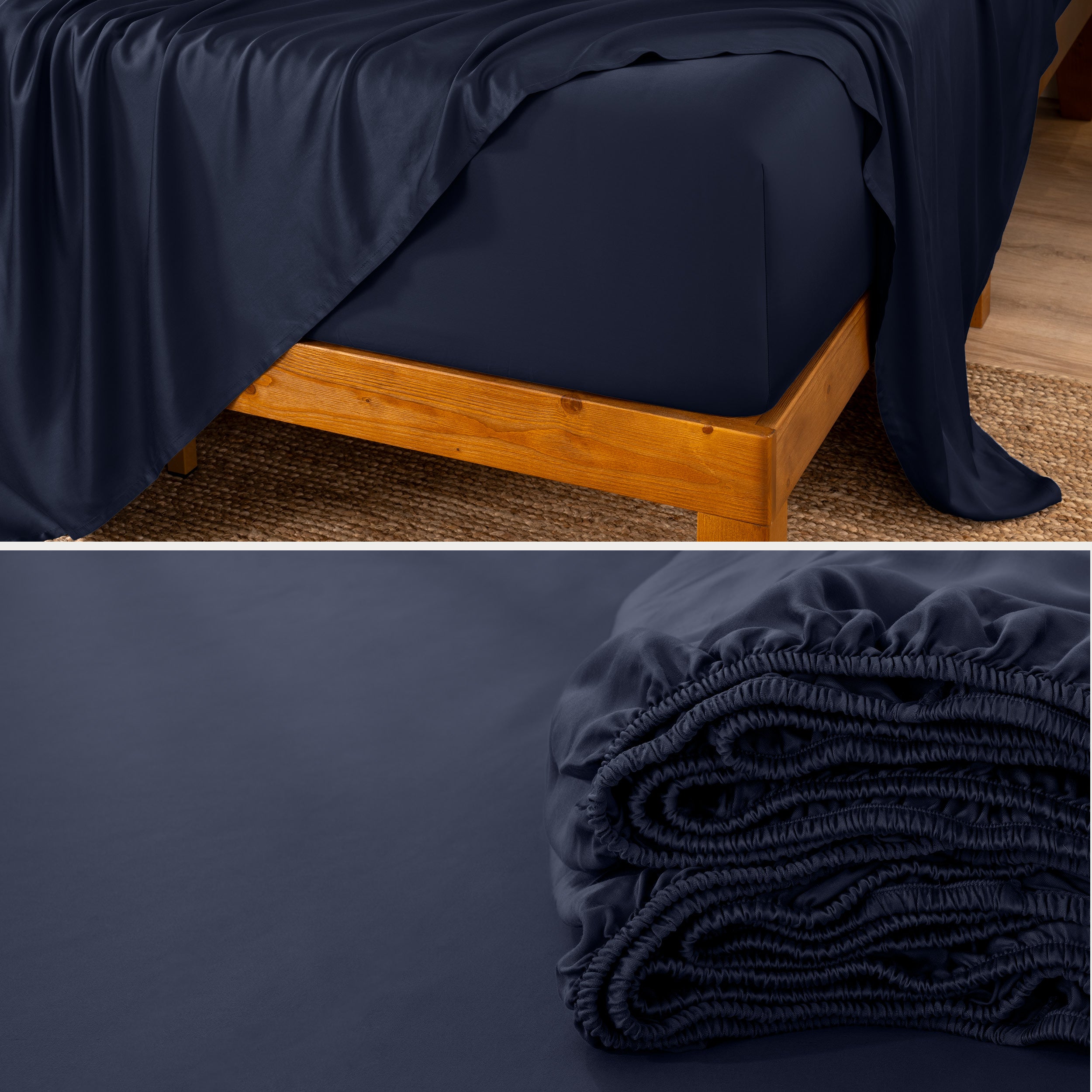 Bamboo fitted sheet on a wooden bed with a close-up of the folded sheet below.