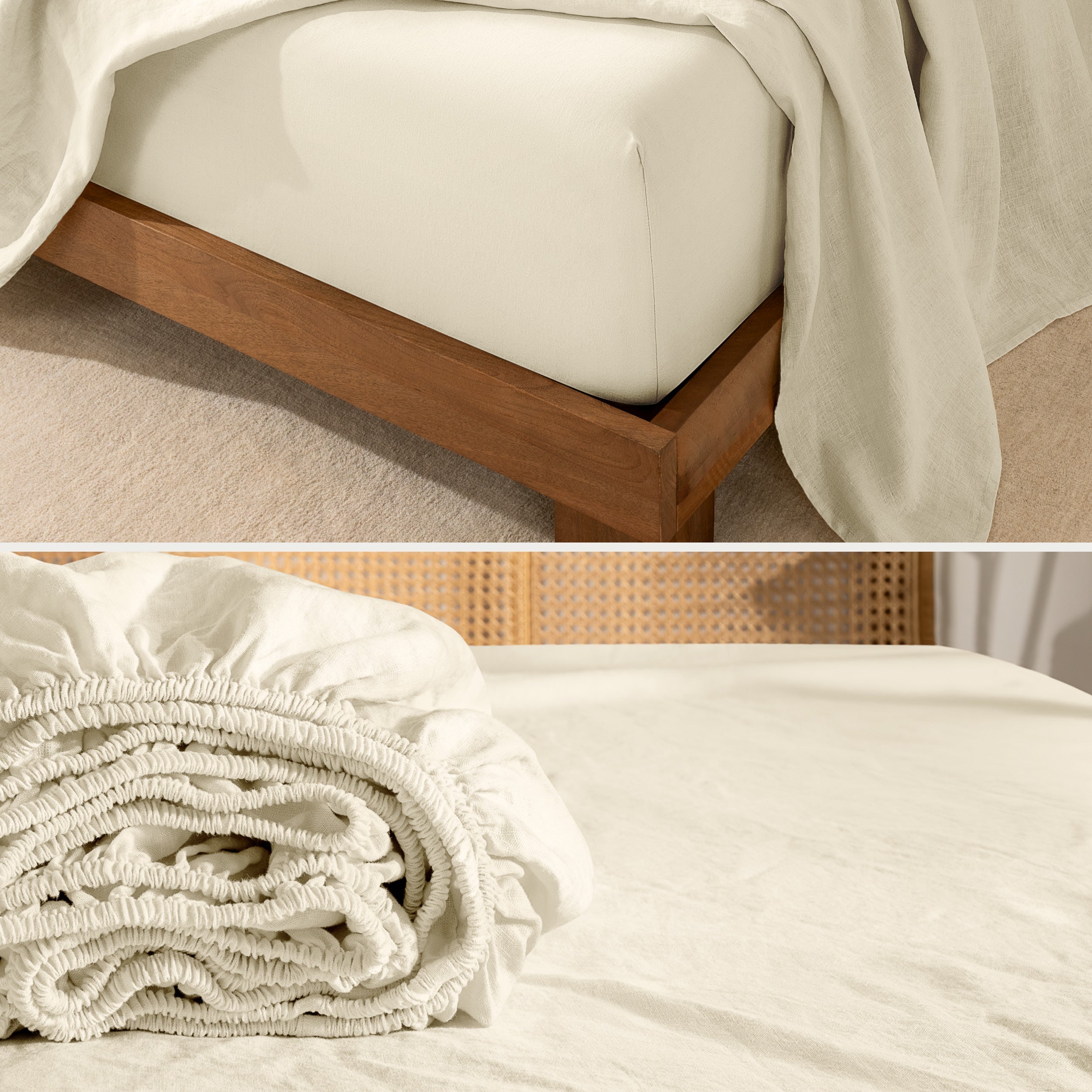 Close up of linen sheet set on a mattress and folded