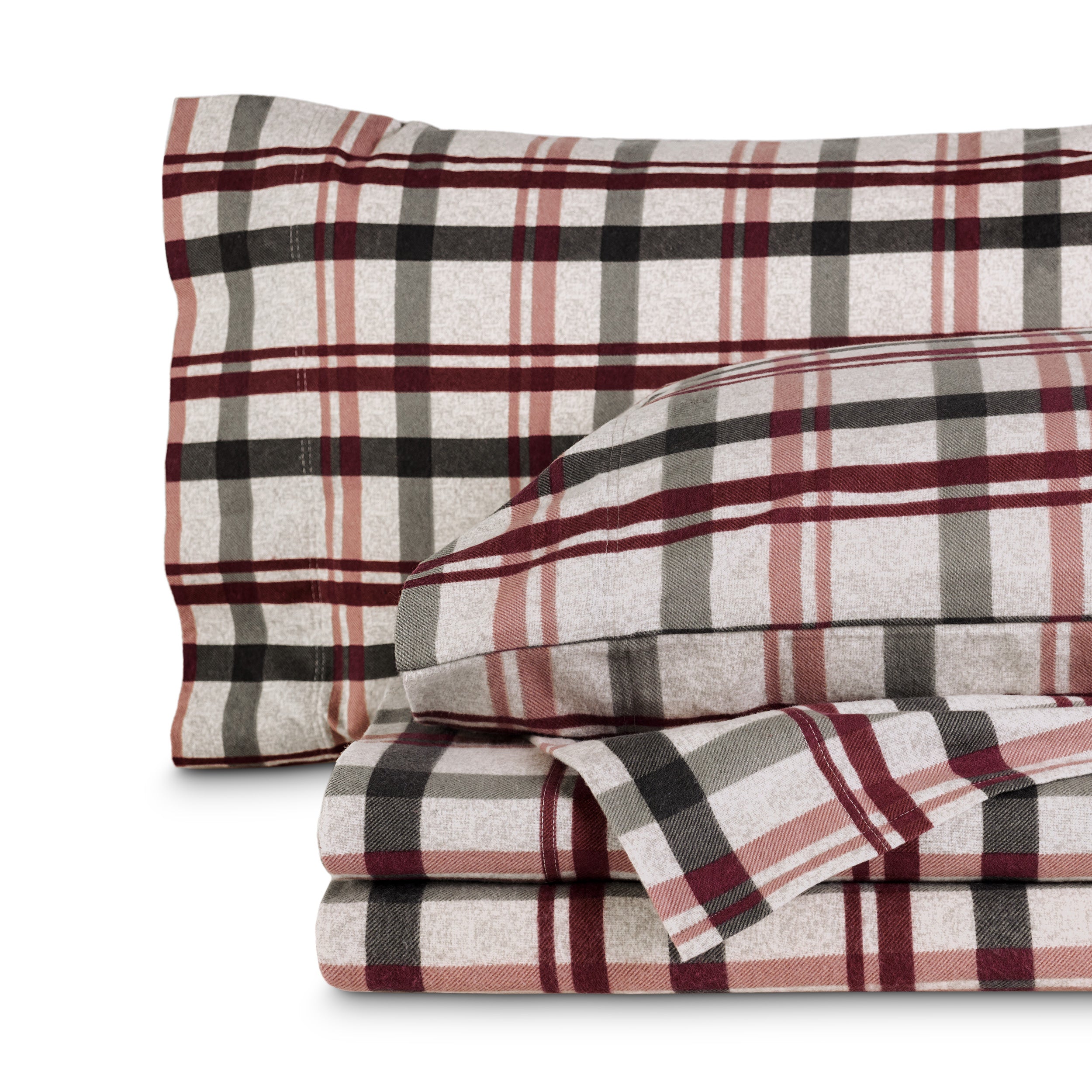 Printed flannel sheets folded and stacked