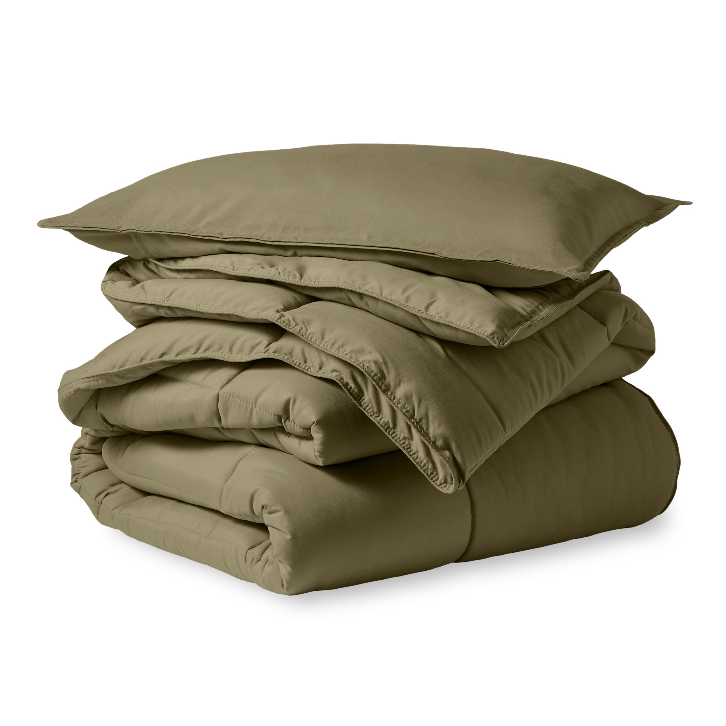 A microfiber comforter folded neatly with a pillow from above