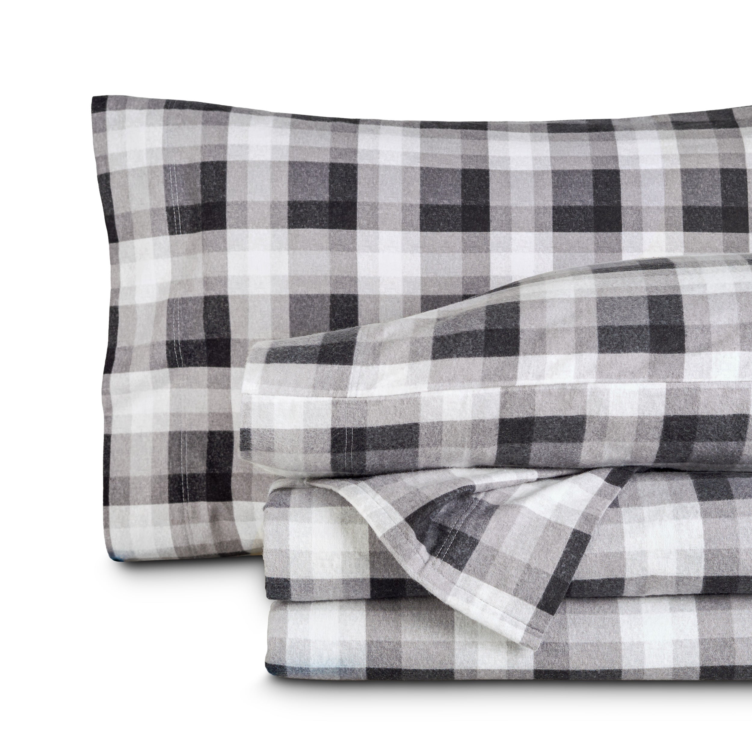 Printed flannel sheets folded and stacked