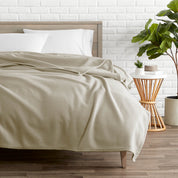 A polar fleece blanket on a bed next to a table and a large plant