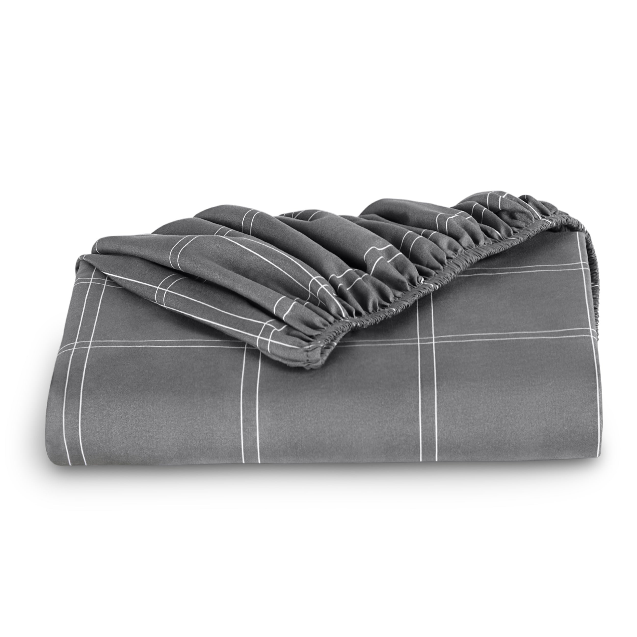 A neatly folded printed microfiber fitted sheet with elastic draped. 