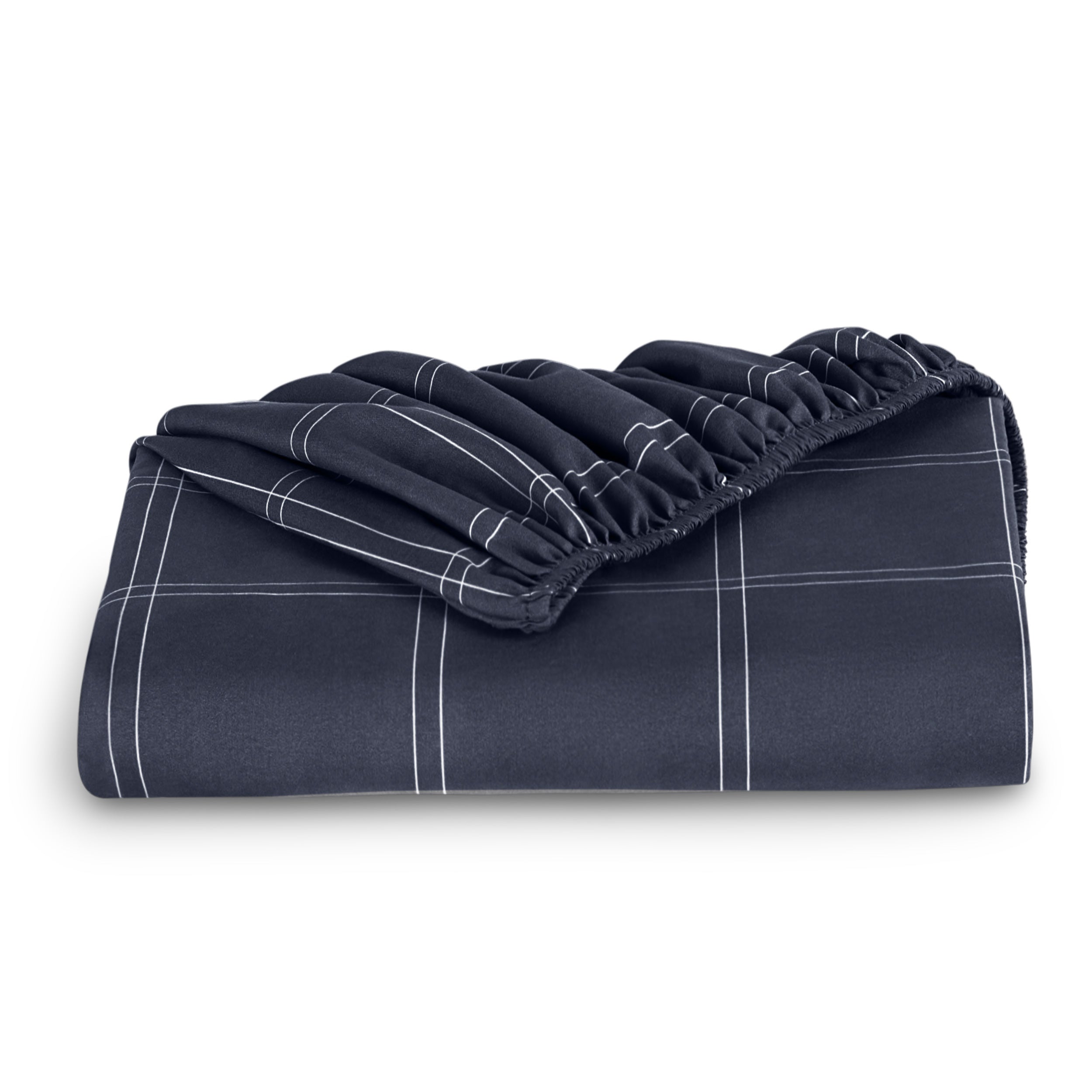 A neatly folded printed microfiber fitted sheet with elastic draped. 