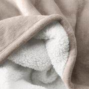 Close up of sherpa blanket showing texture of velvety soft side and sherpa backing