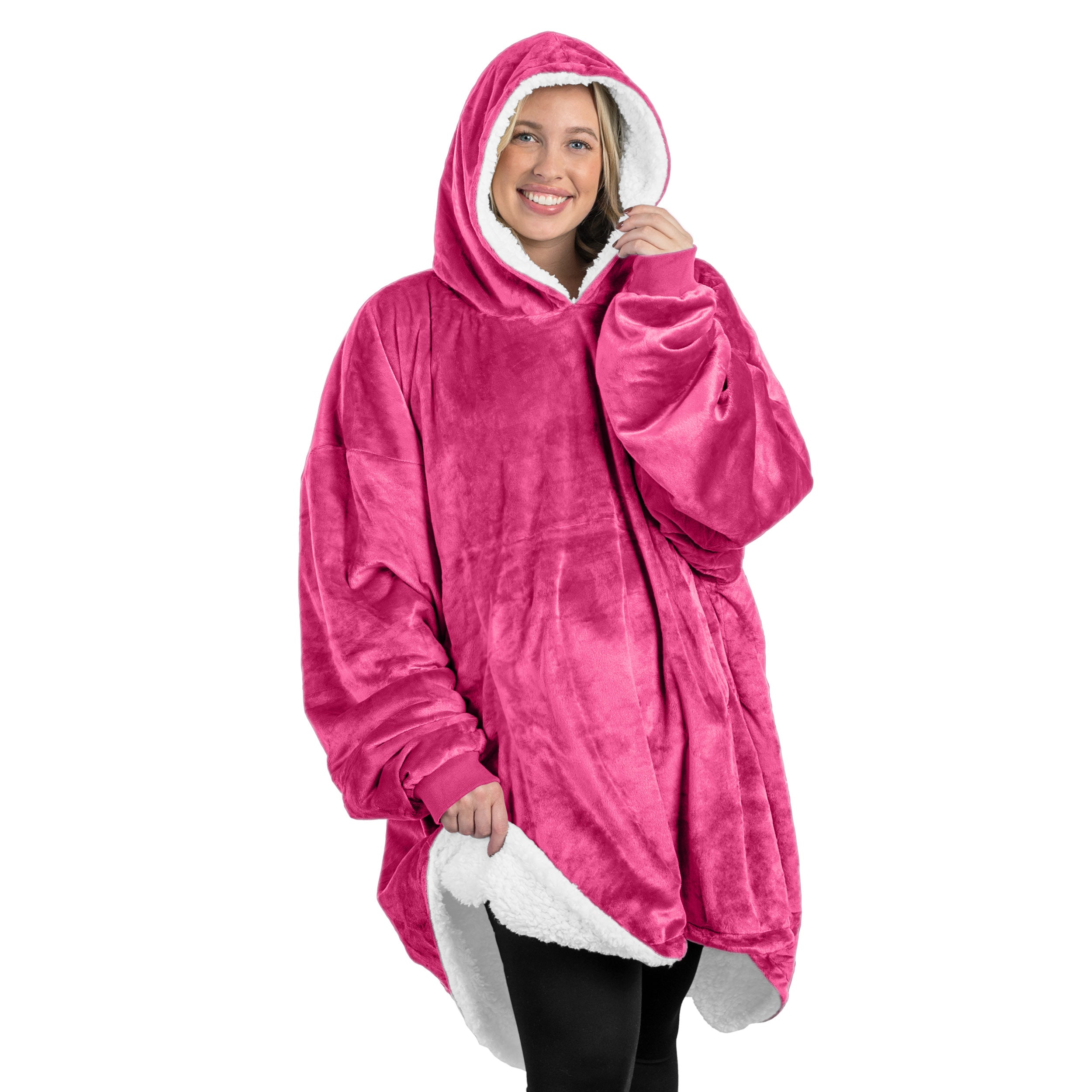 An adult with a sherpa wearable blanket on