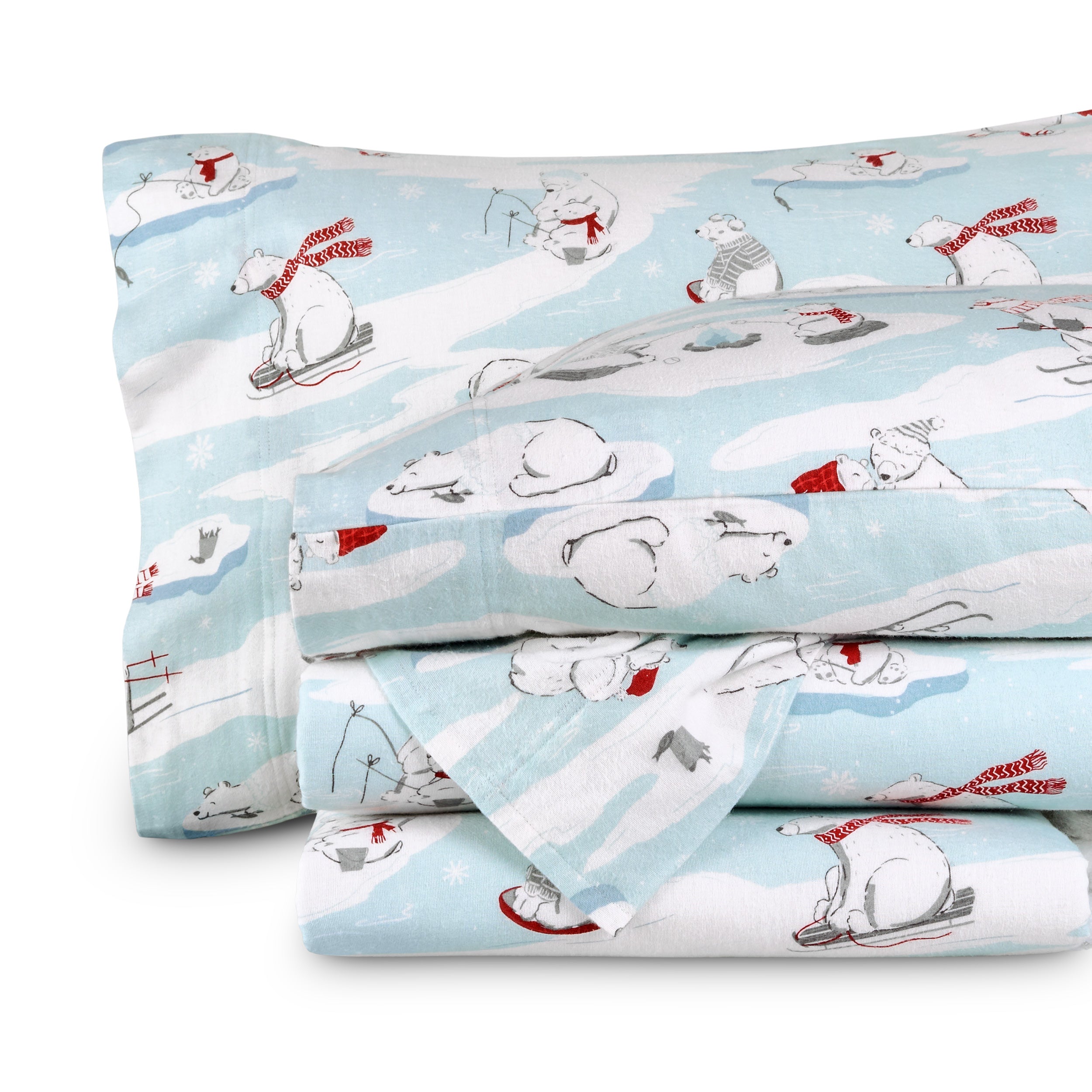Printed flannel sheets folded and stacked