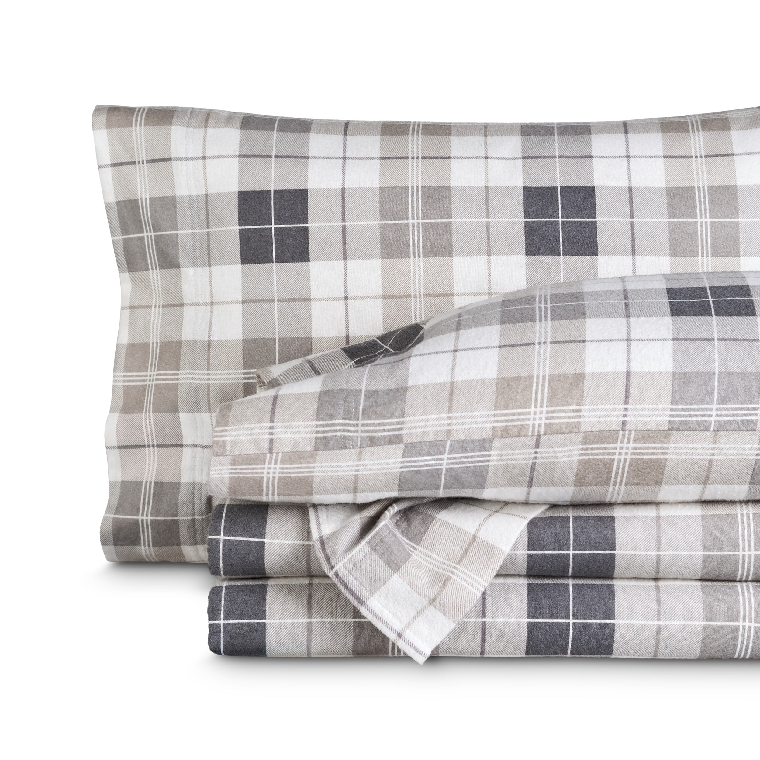 Printed flannel sheets folded and stacked