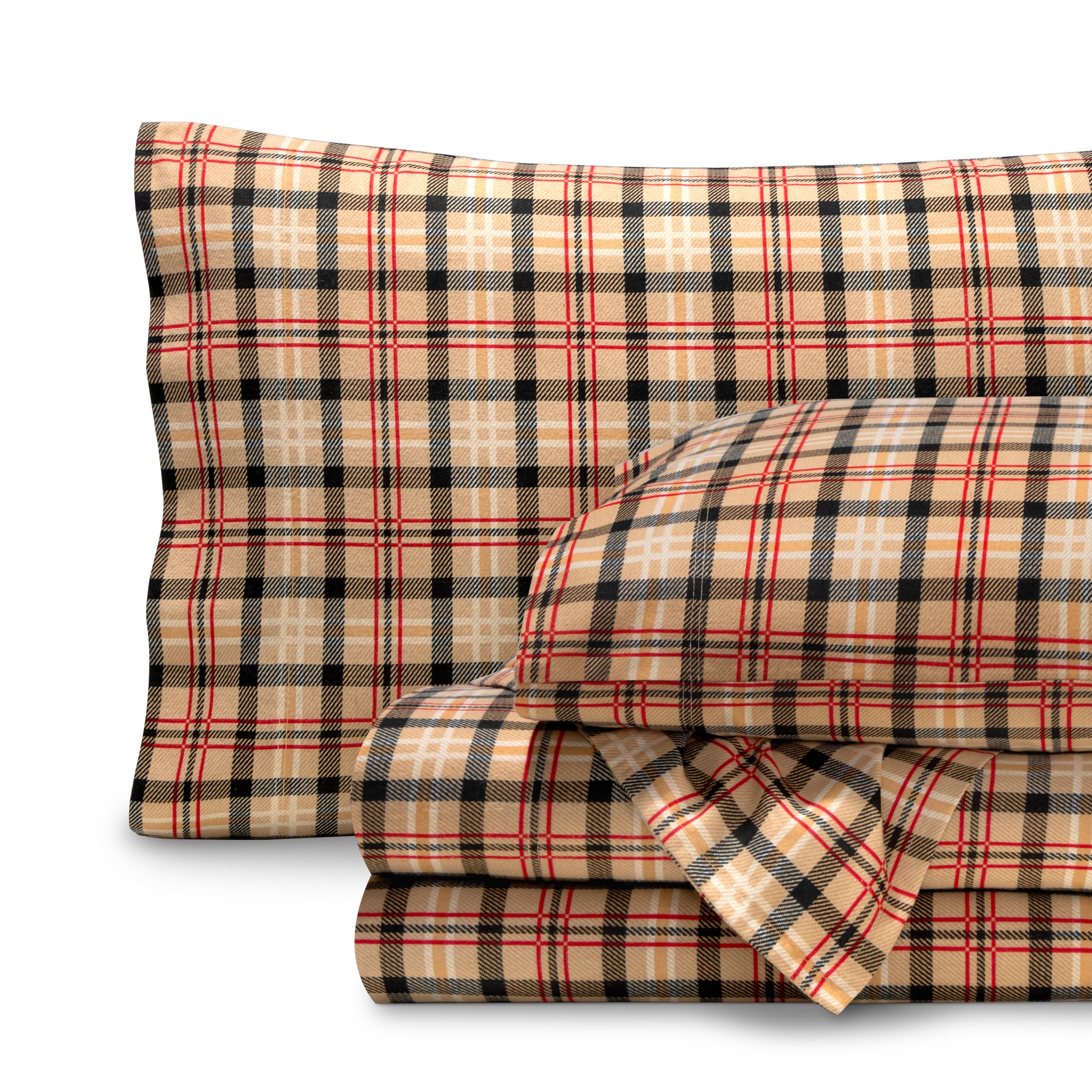 Plaid flannel sheets folded and stacked