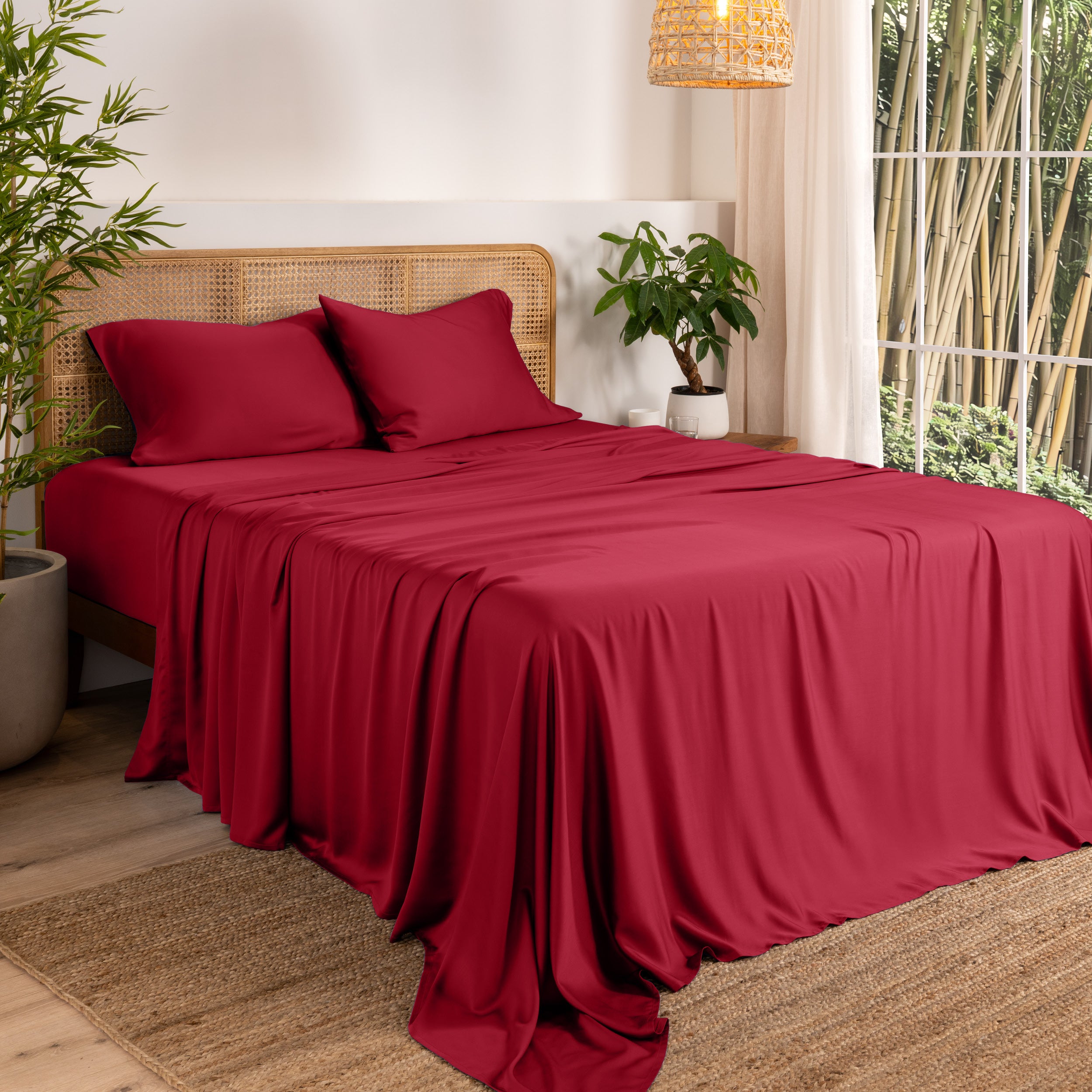 Bamboo sheets on a bed in a bedroom with plants and a window.