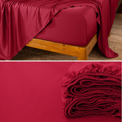 Bamboo fitted sheet on a wooden bed with a close-up of the folded sheet below.