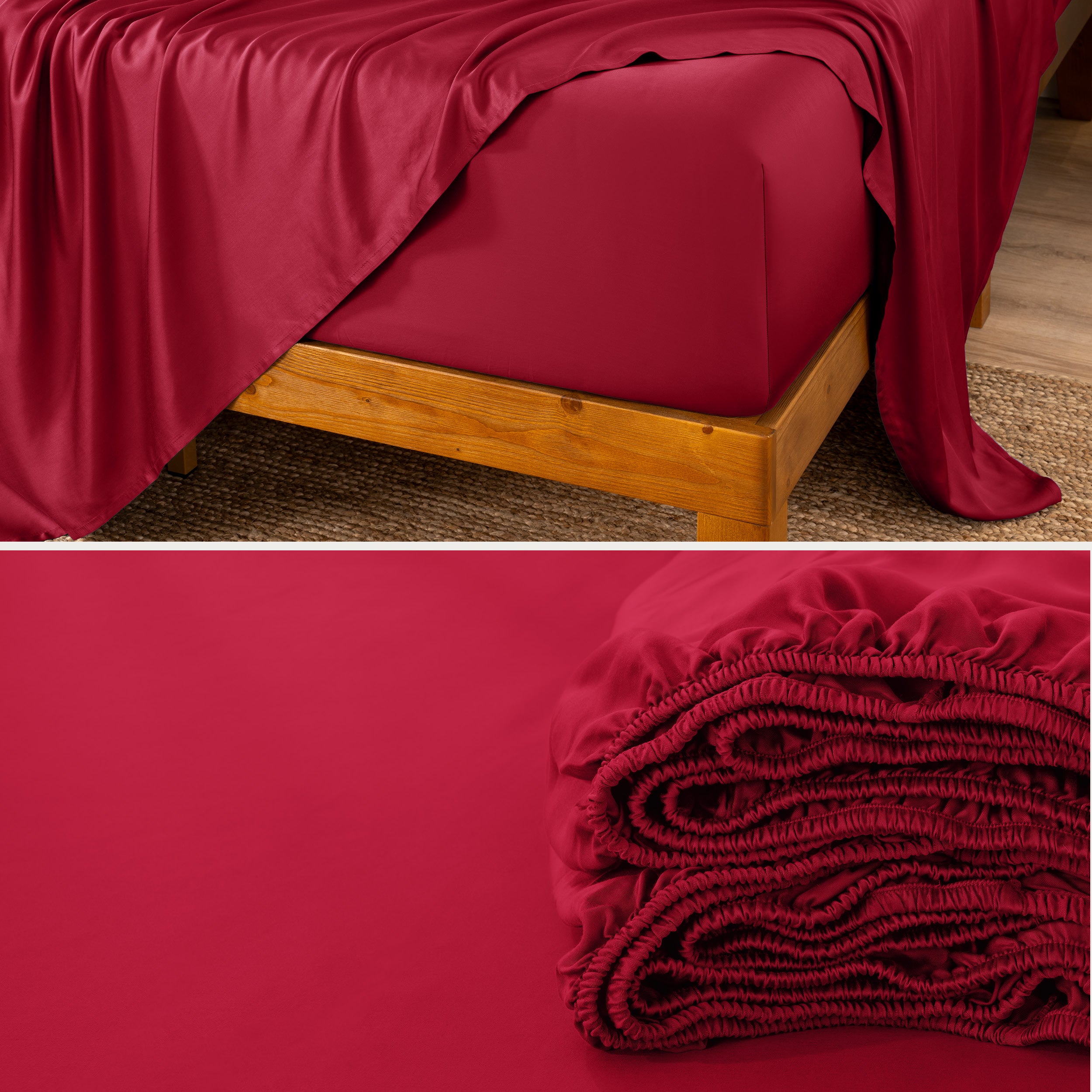 Bamboo fitted sheet on a wooden bed with a close-up of the folded sheet below.