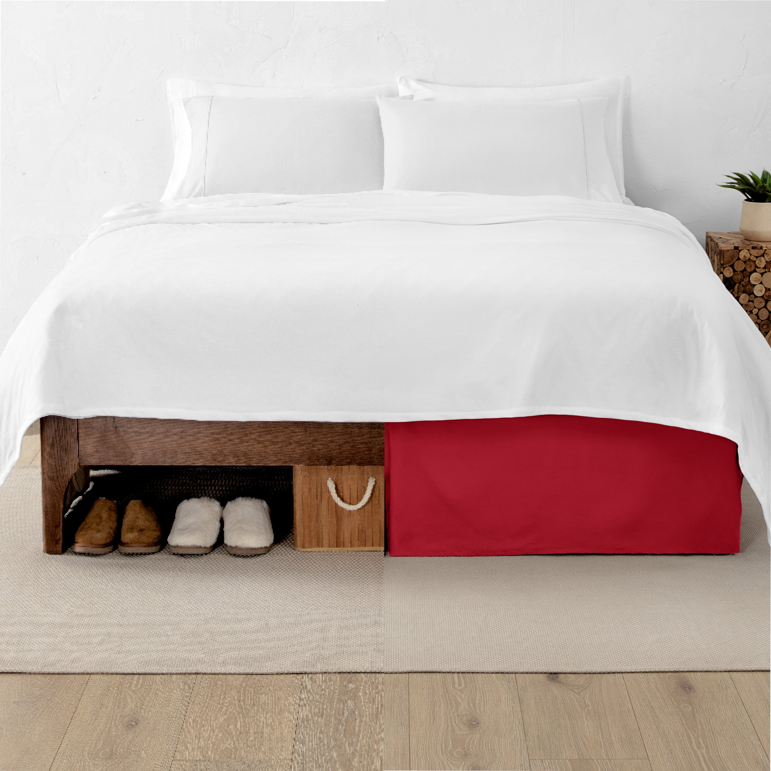 A split image showing a bed without a bed skirt on the left and with a bed skirt on the right.