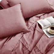 Close of matching sheets, comforter, pillowcases and pillow shams on a bed