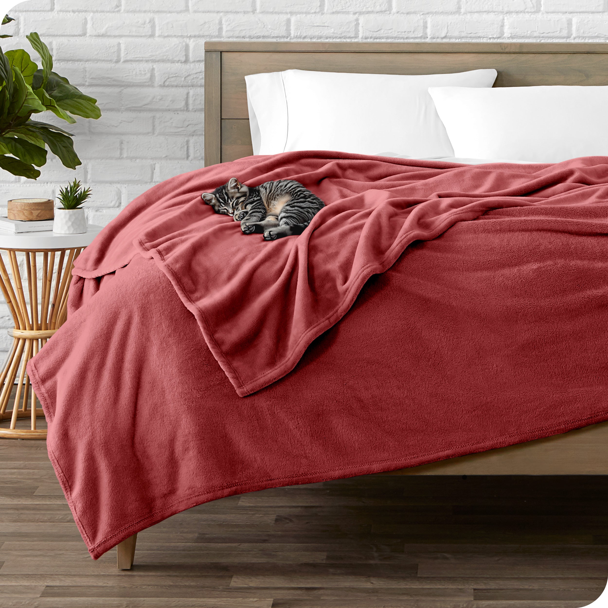 Microplush blanket laid out over a bed and folded back over itself
