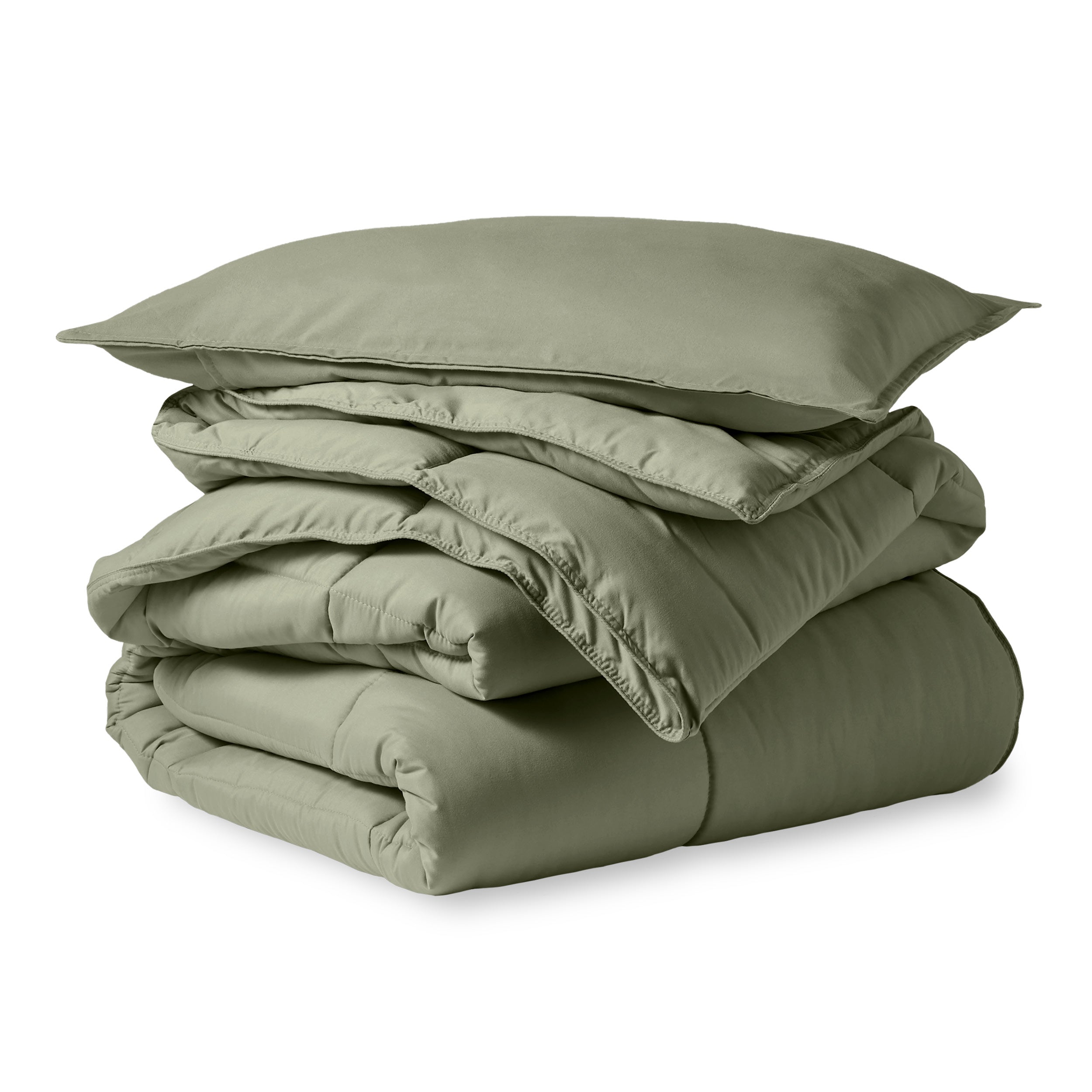 A microfiber comforter folded neatly with a pillow from above