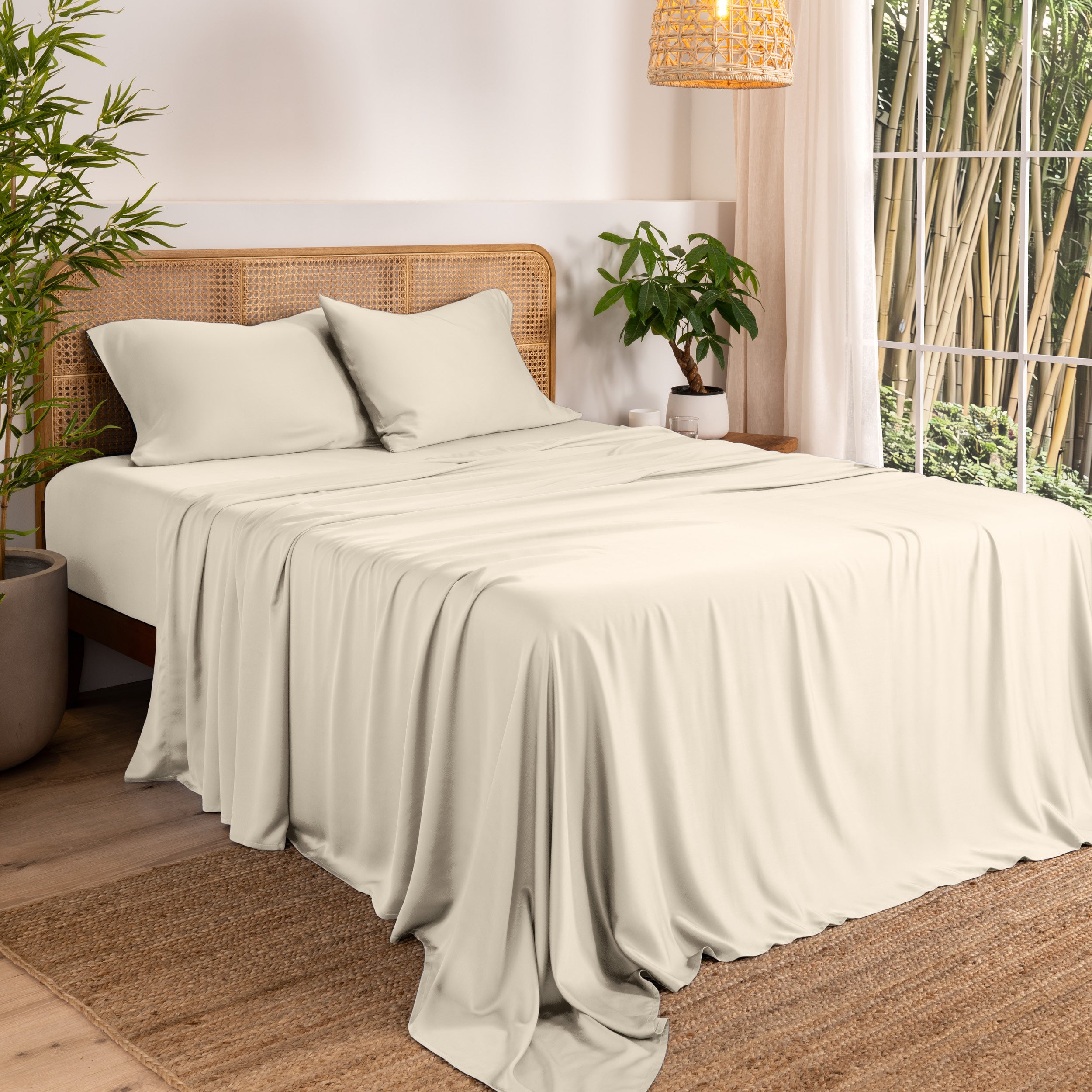 Bamboo sheets on a bed in a bedroom with plants and a window.