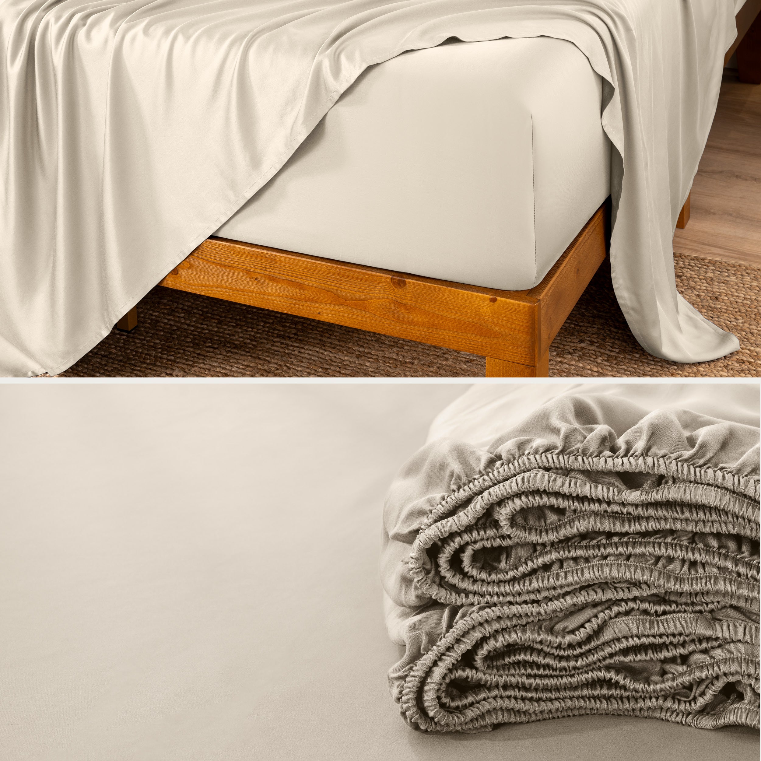 Bamboo fitted sheet on a wooden bed with a close-up of the folded sheet below.