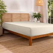 Bed with fitted sheet in a bedroom setting with plants and a lamp.