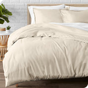 A modern bed with a flannel duvet cover set consisting of the duvet cover and two pillows.