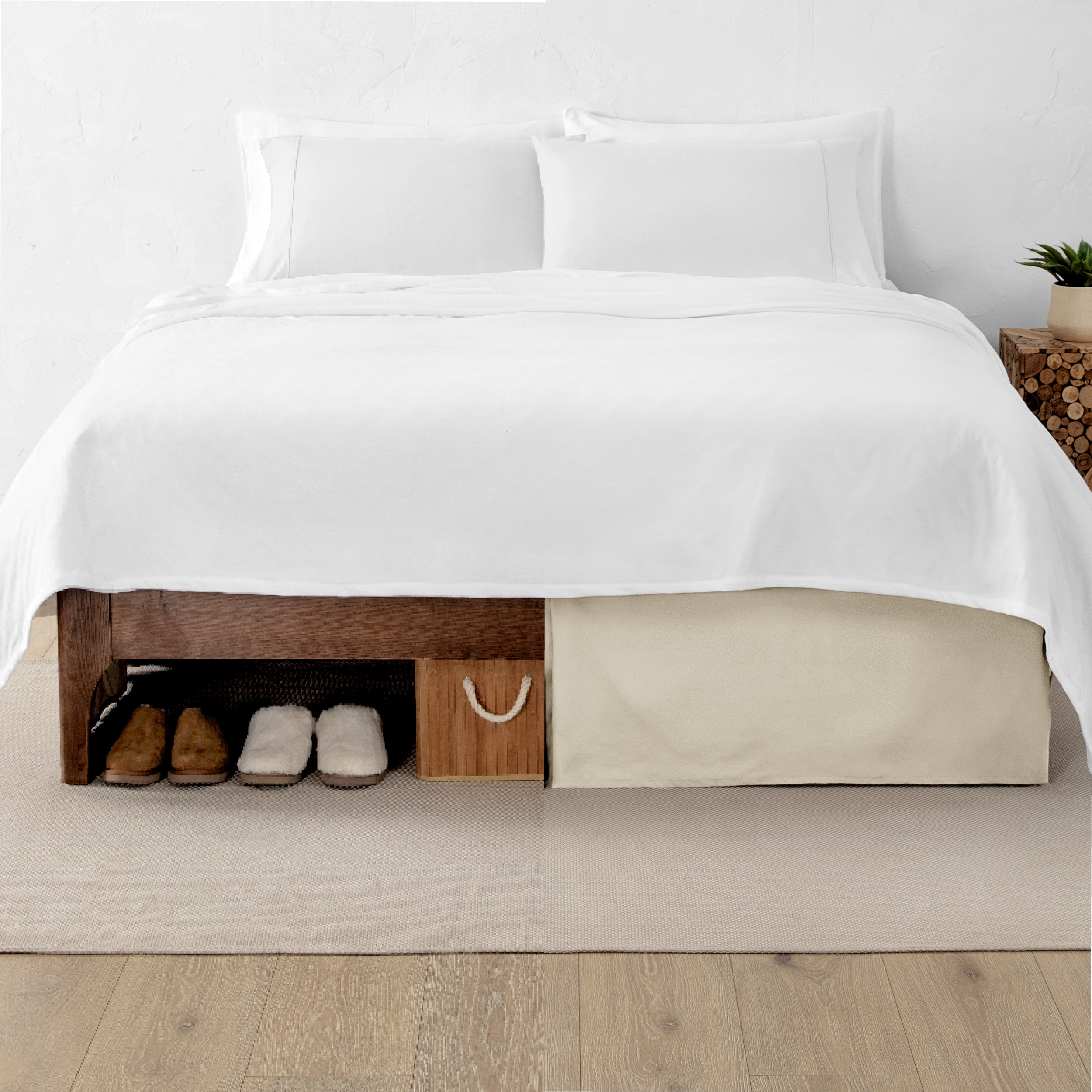 A split image showing a bed without a bed skirt on the left and with a bed skirt on the right.