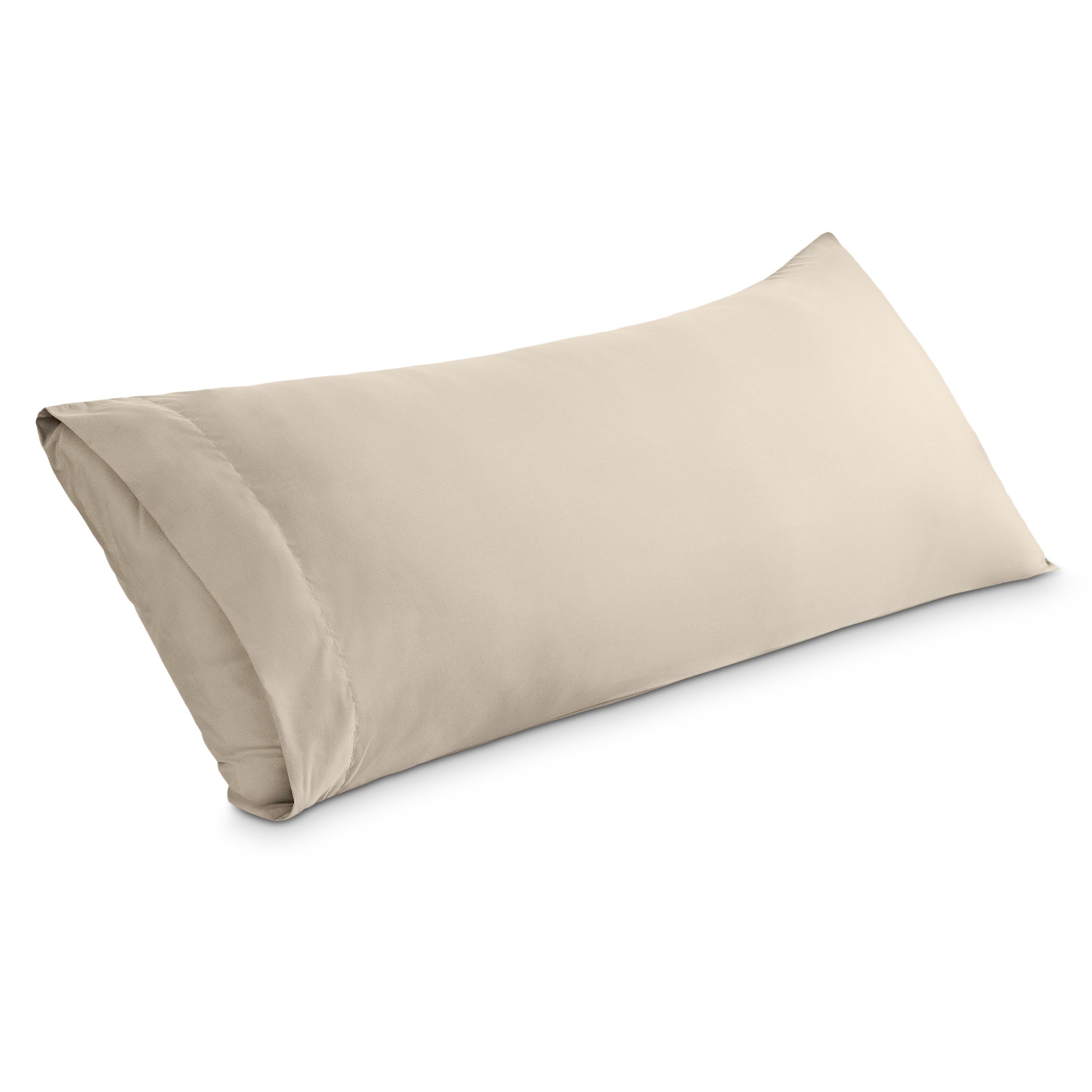 A body pillowcase on a pillow set against a headboard
