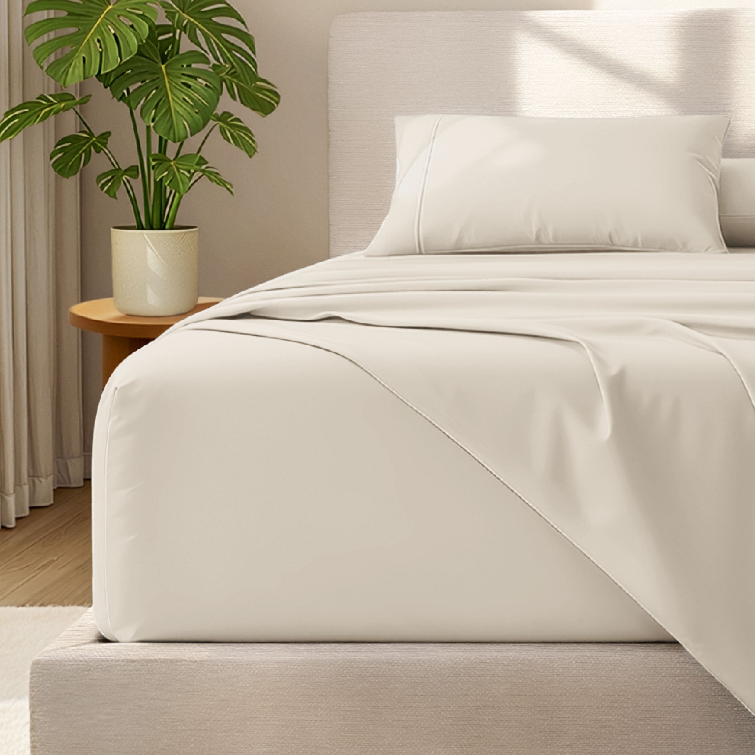 Microfiber bed sheets and pillowcases on a bed with a plant in the background