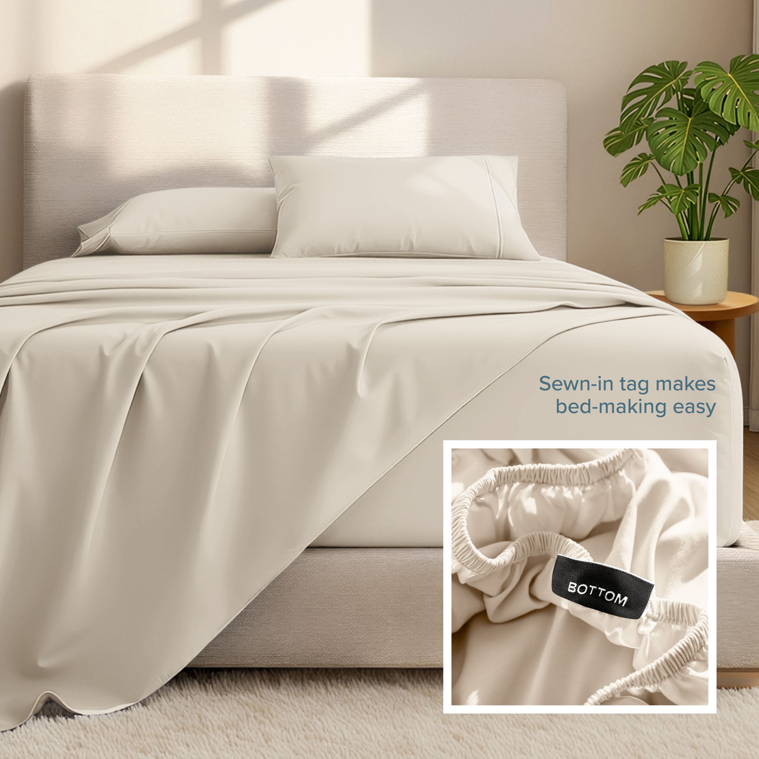 Microfiber bed sheets and pillows on a bed with a plant in the background