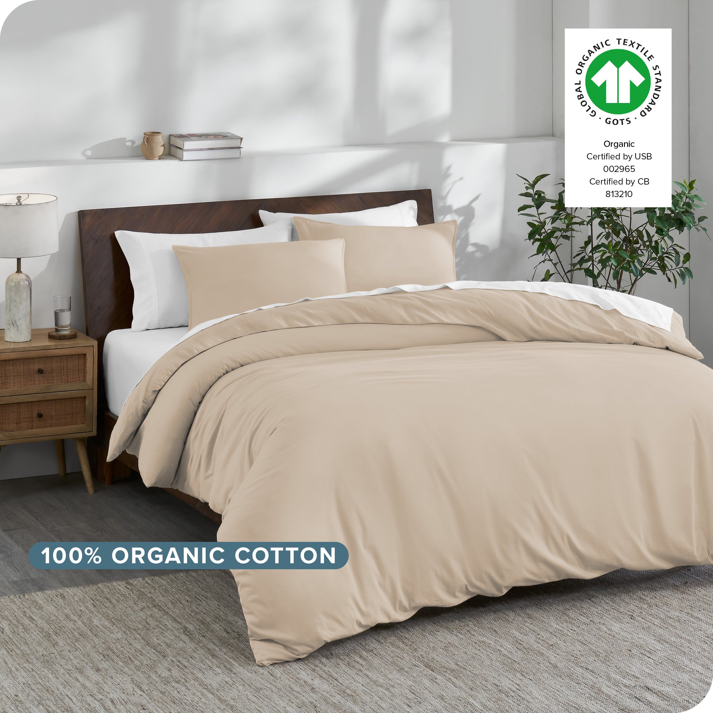 A modern bedroom with an organic cotton duvet set on the bed