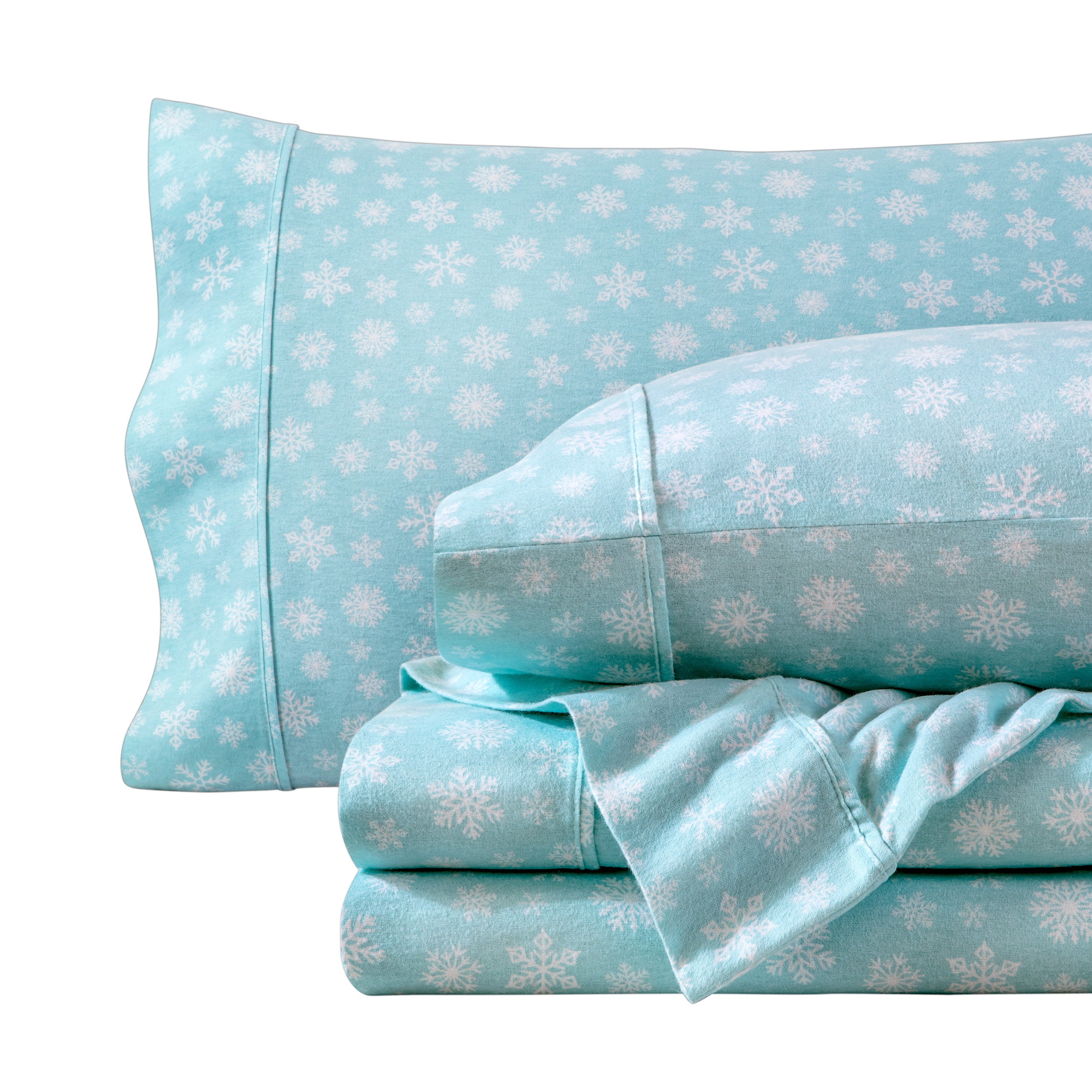 Printed flannel sheets folded and stacked