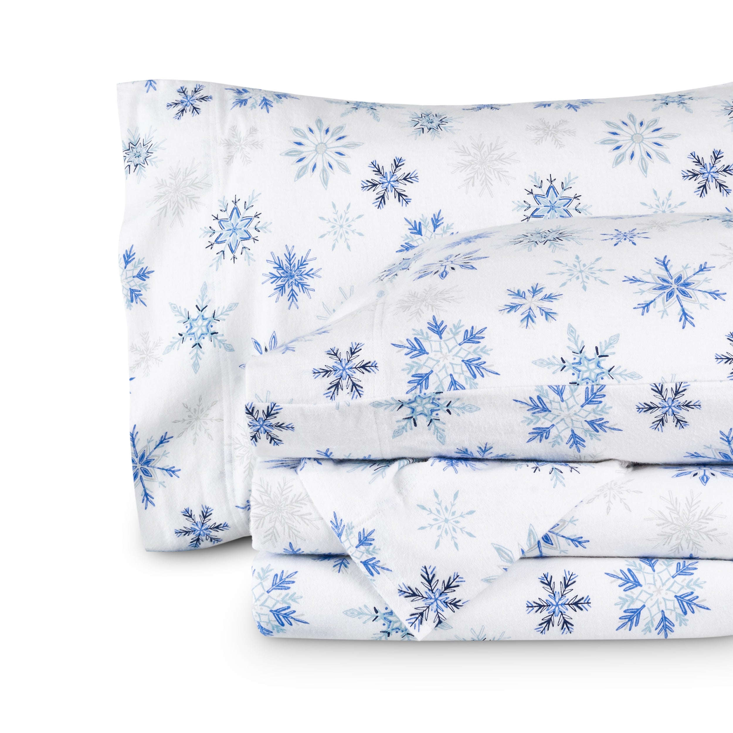 Printed flannel sheets folded and stacked