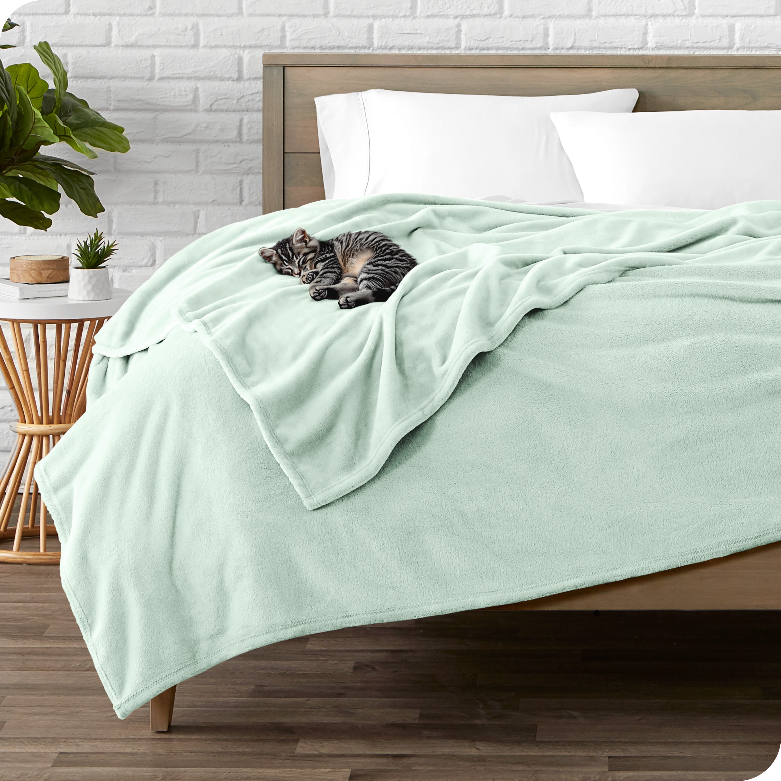 Microplush blanket laid out over a bed and folded back over itself