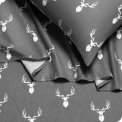 Close up of printed flannel sheets and pillowcases