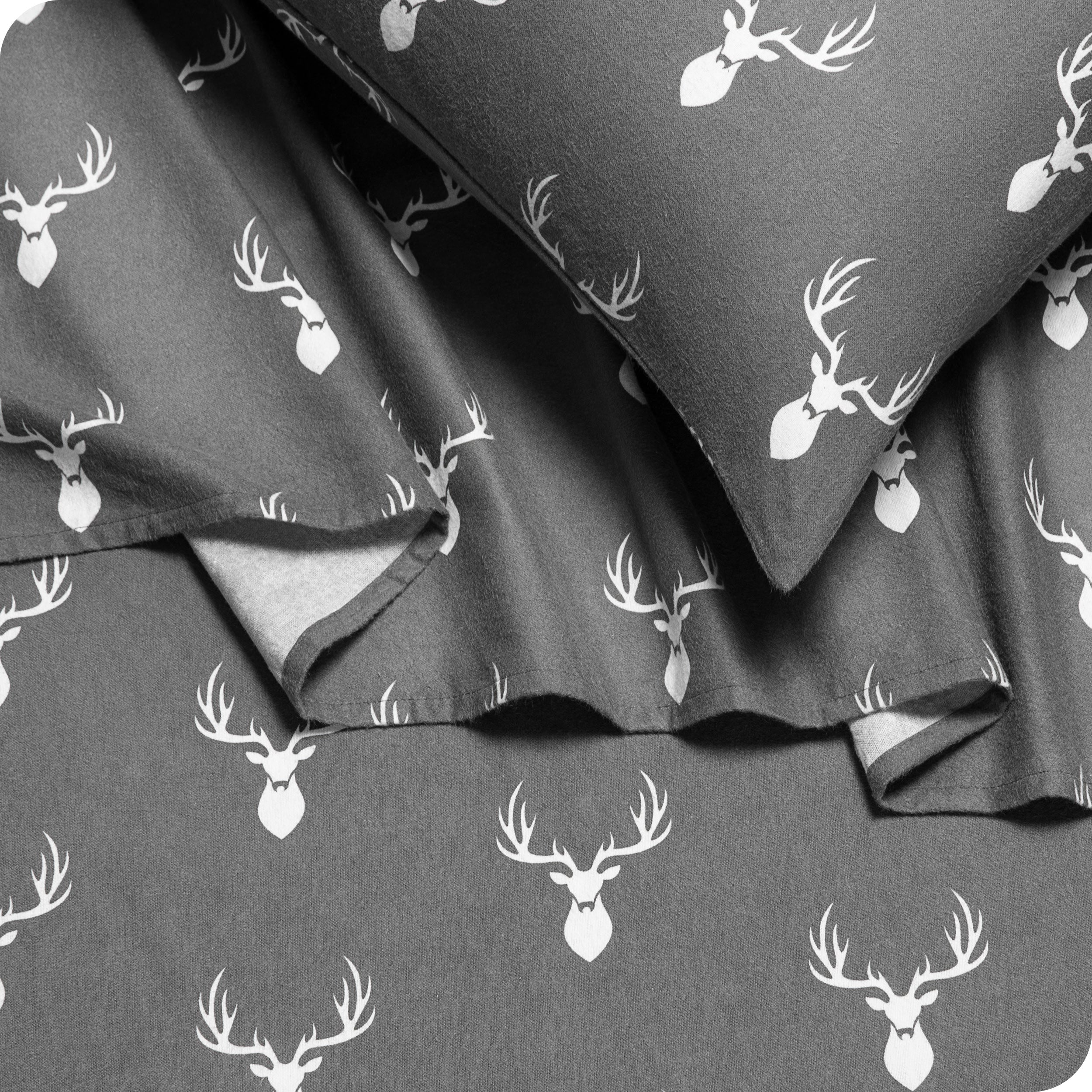 Close up of printed flannel sheets and pillowcases