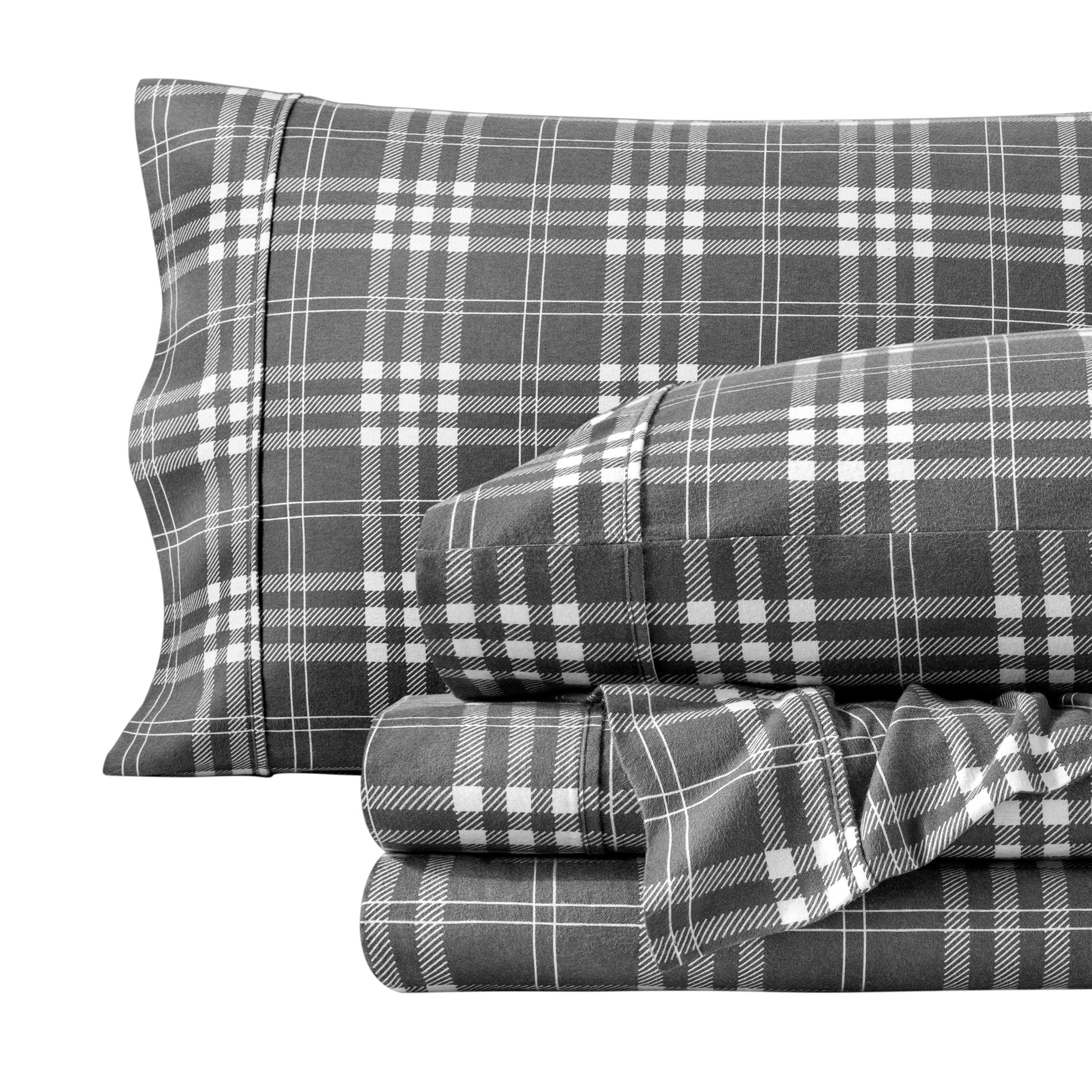 Plaid flannel sheets folded and stacked