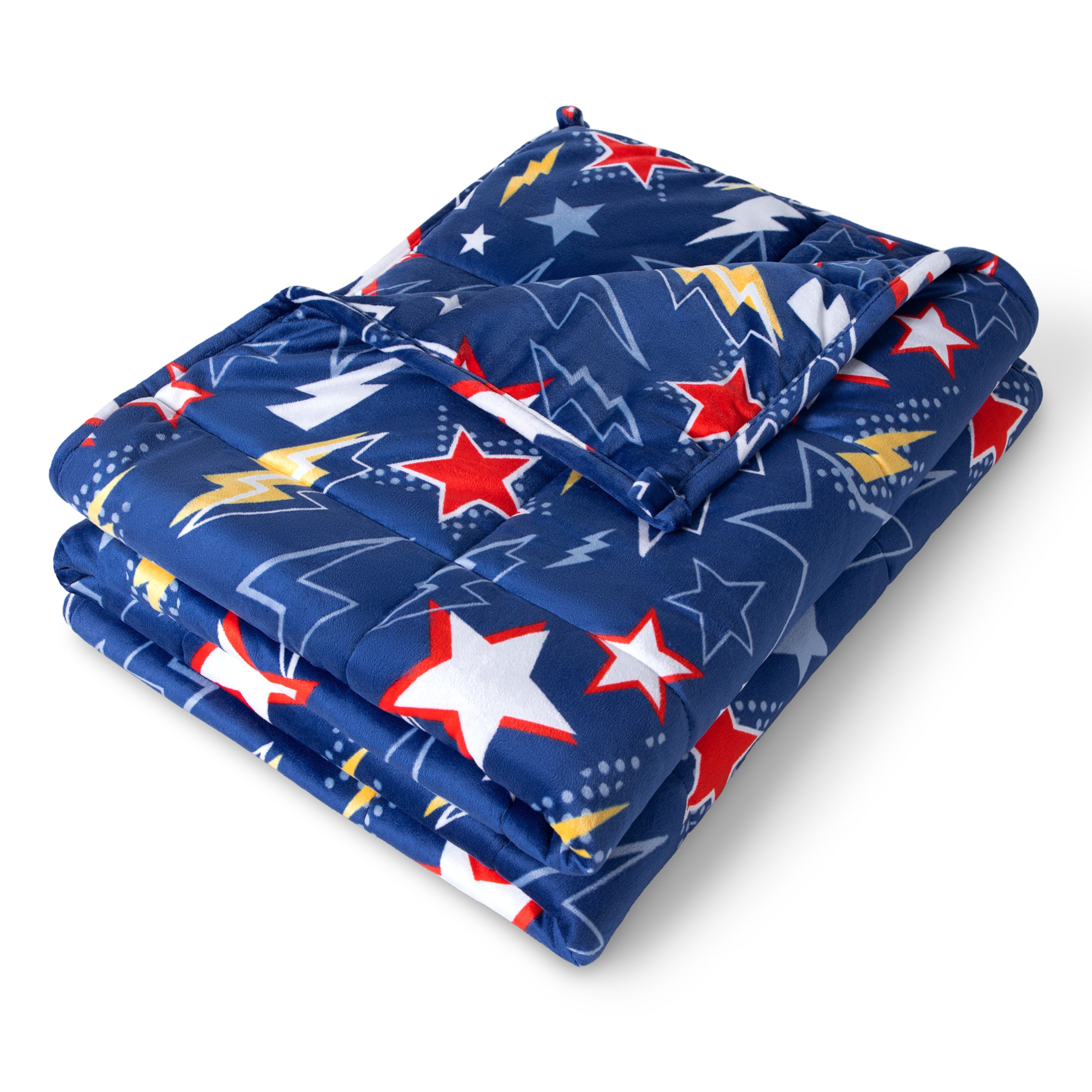 A folded minky fleece weighted blanket with a white background.