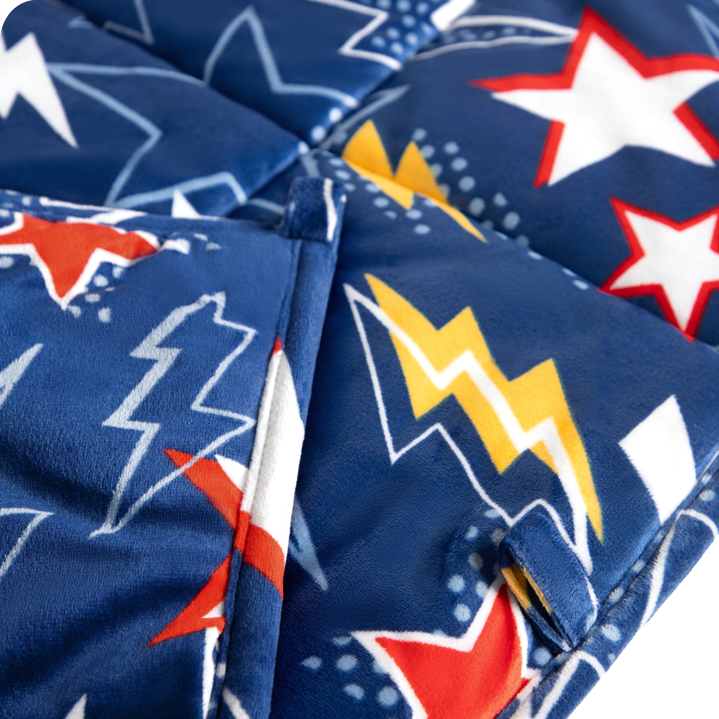 Close-up image of a weighted blanket, featuring detailed stitching and the edge of the blanket