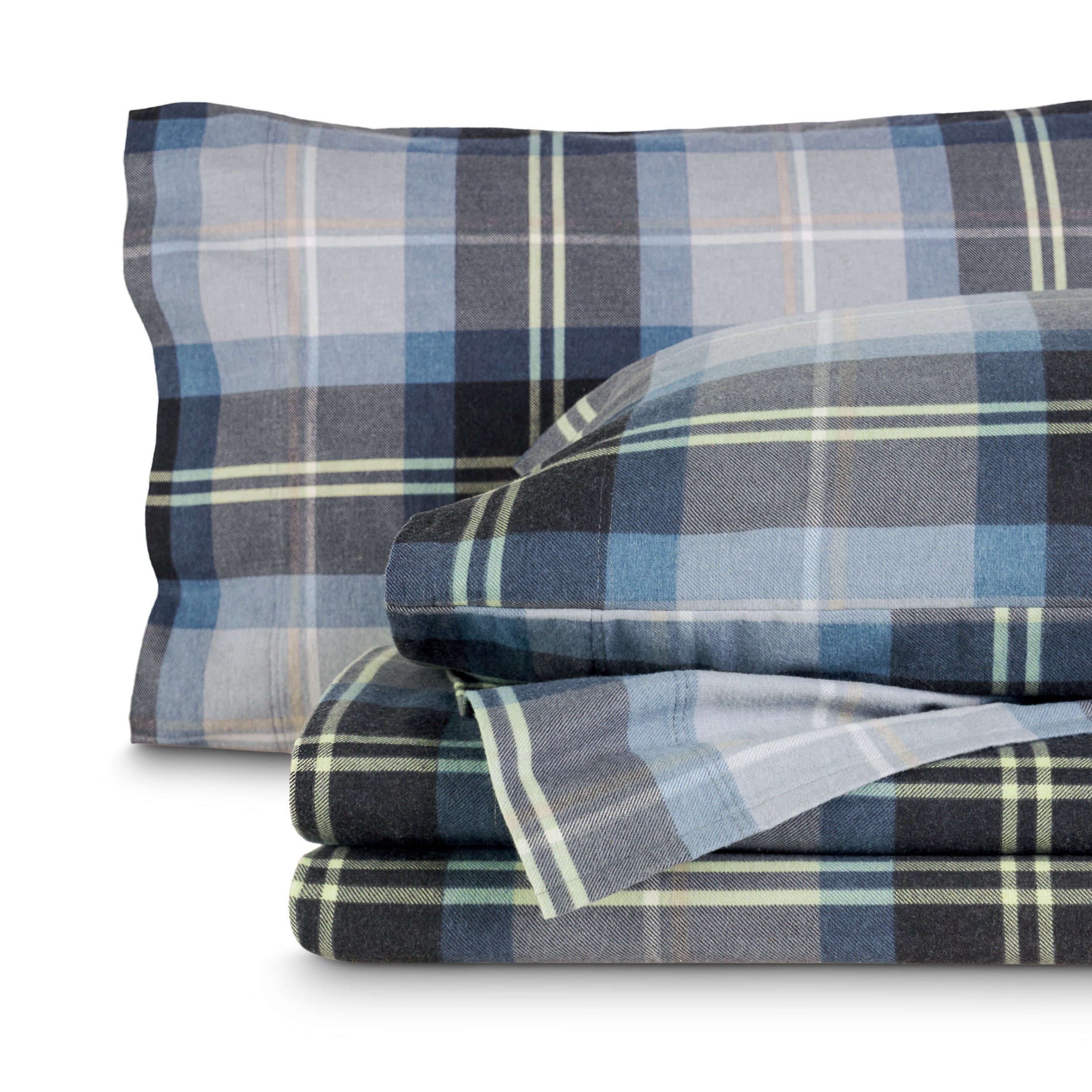 Printed flannel sheets folded and stacked