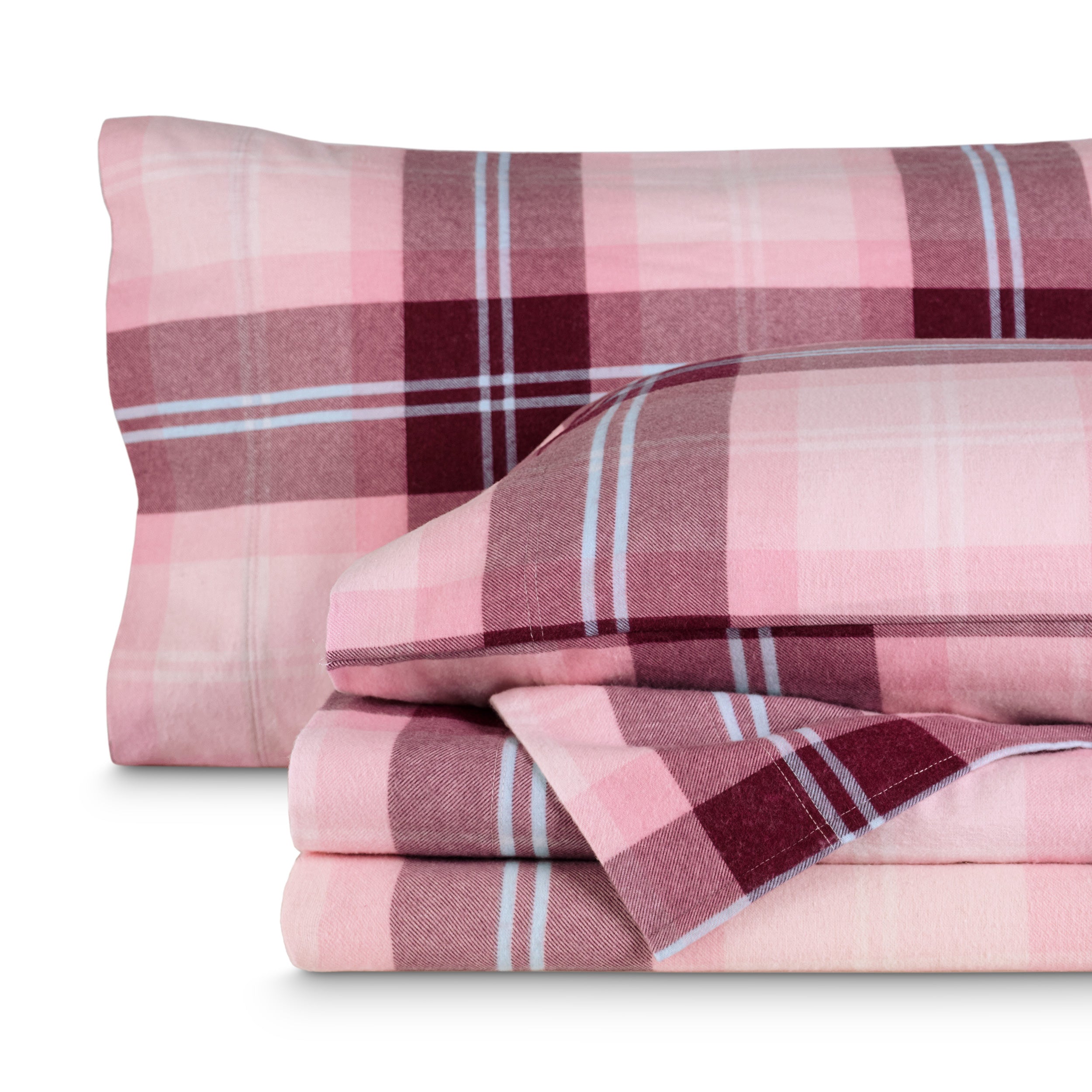 Printed flannel sheets folded and stacked