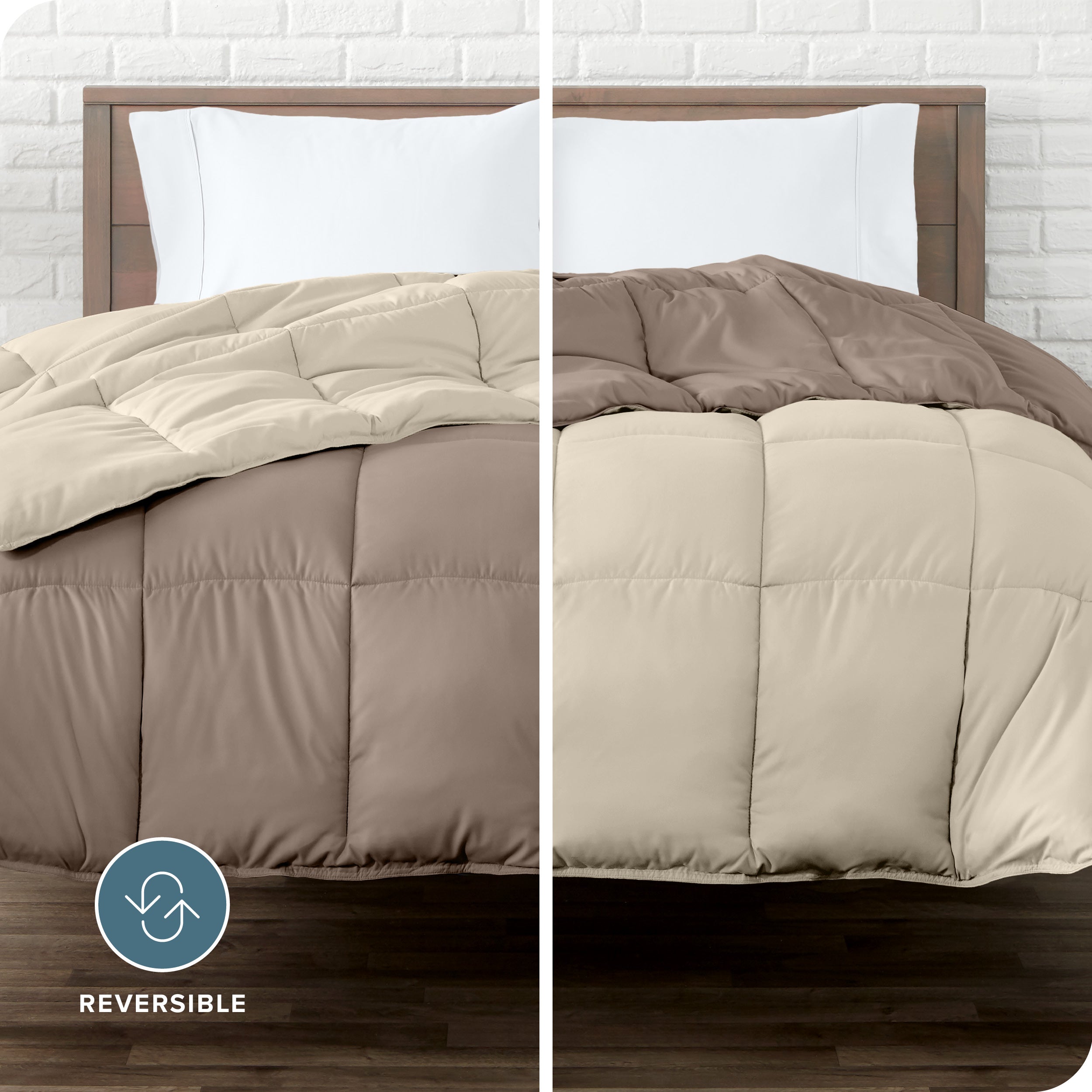 An image divided in two sides showing different side's color of reversible comforter on a bed.