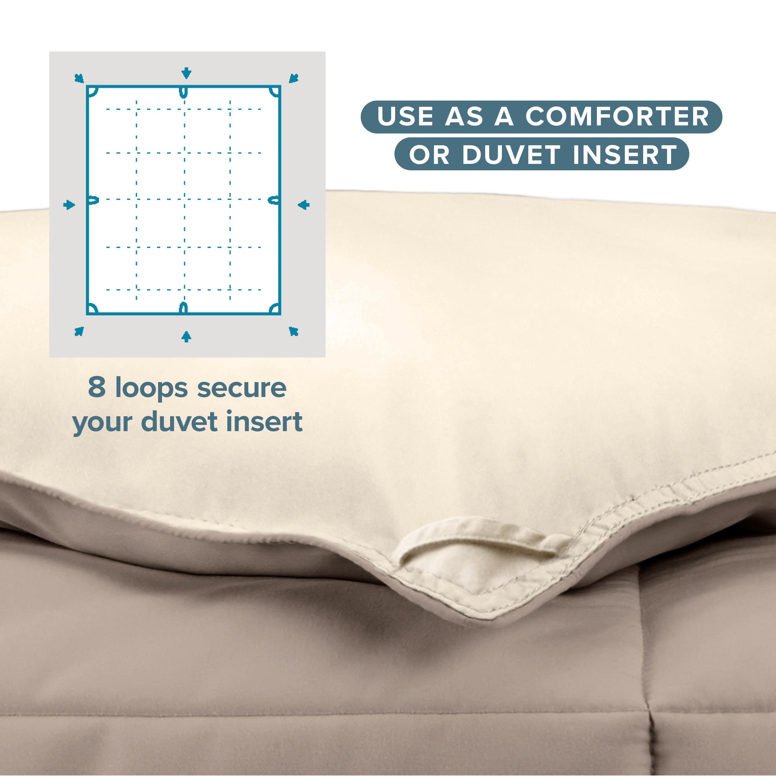 The 8 loops of the comforter used to attach a duvet cover.