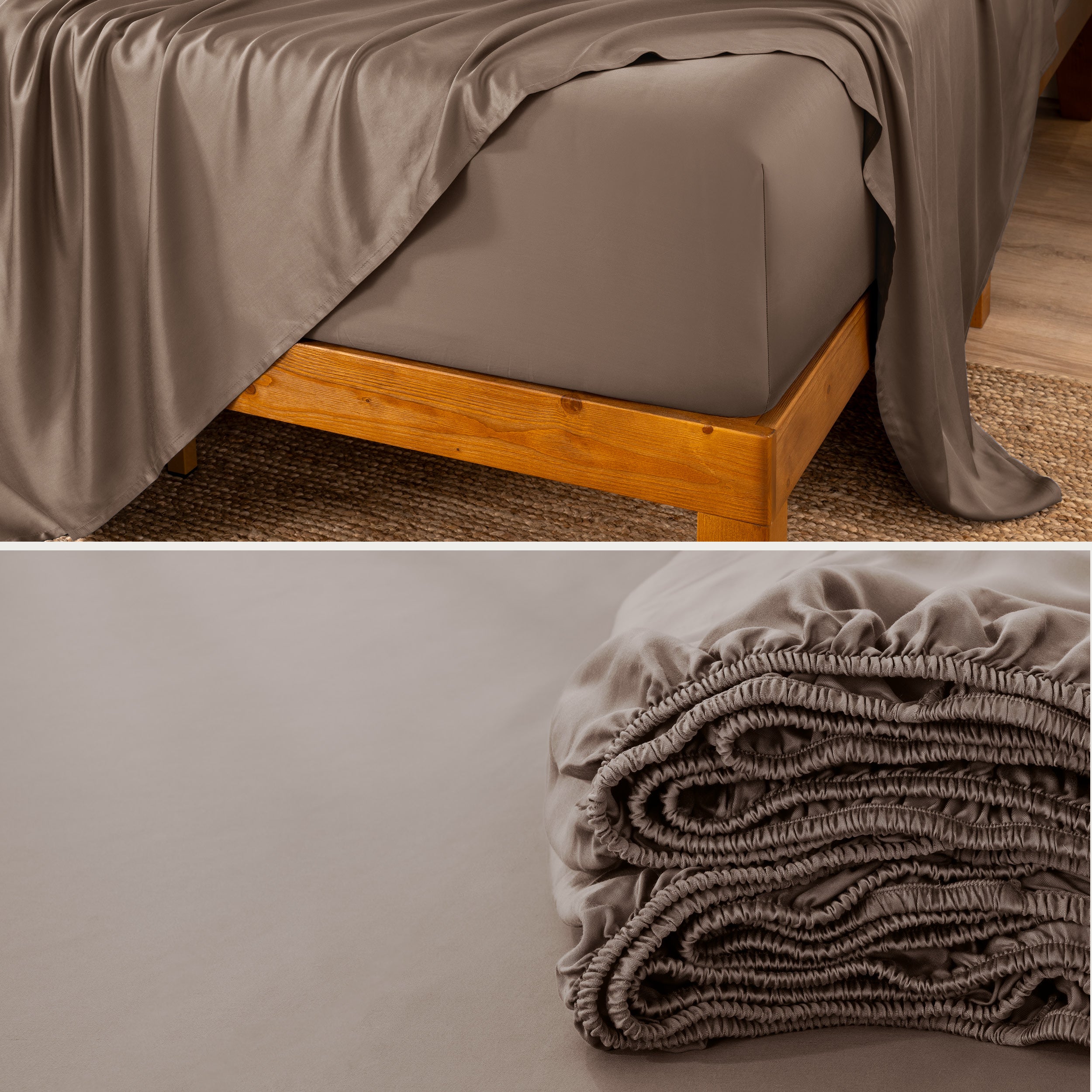 Bamboo fitted sheet on a wooden bed with a close-up of the folded sheet below.