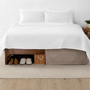 A split image showing a bed without a bed skirt on the left and with a bed skirt on the right.