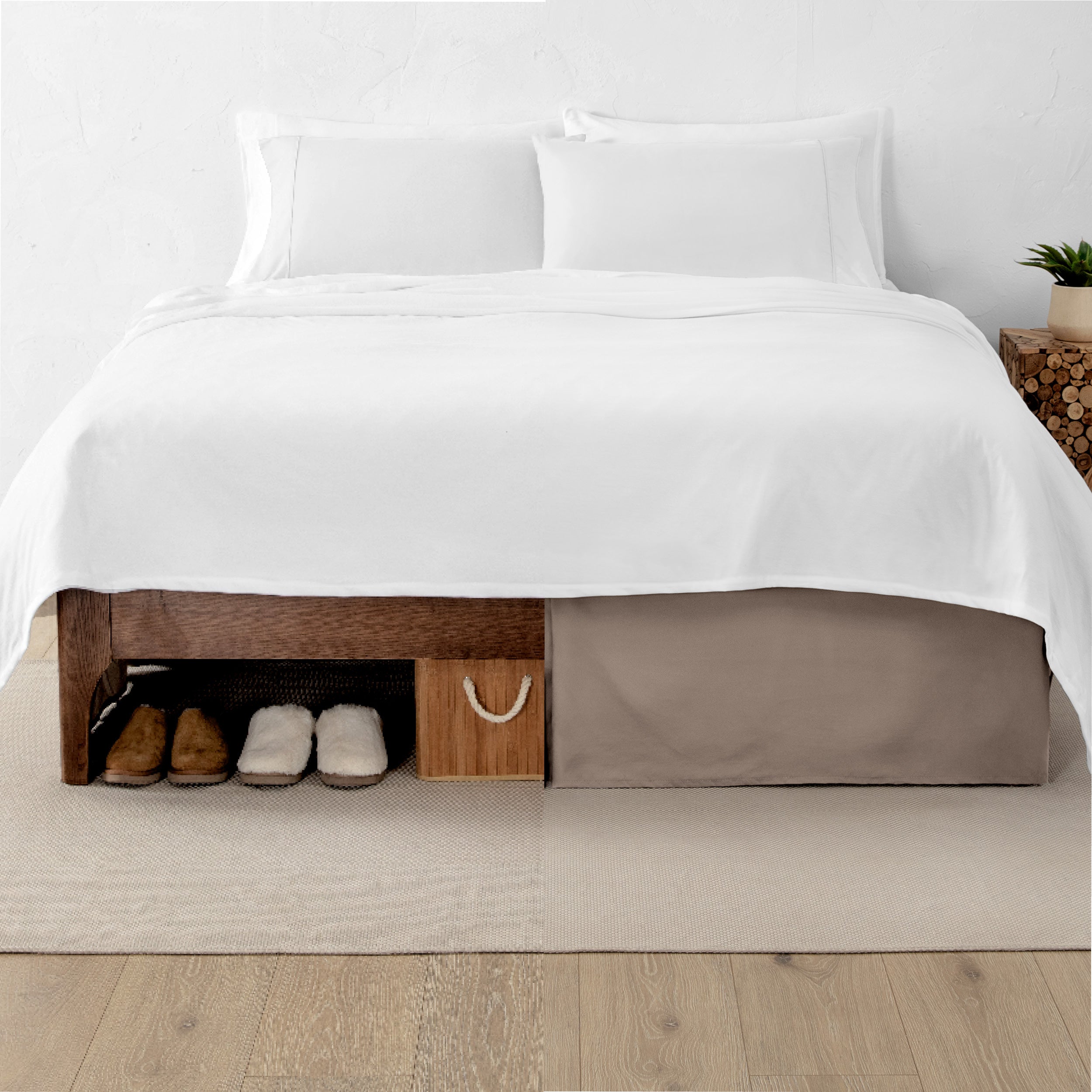 A split image showing a bed without a bed skirt on the left and with a bed skirt on the right.