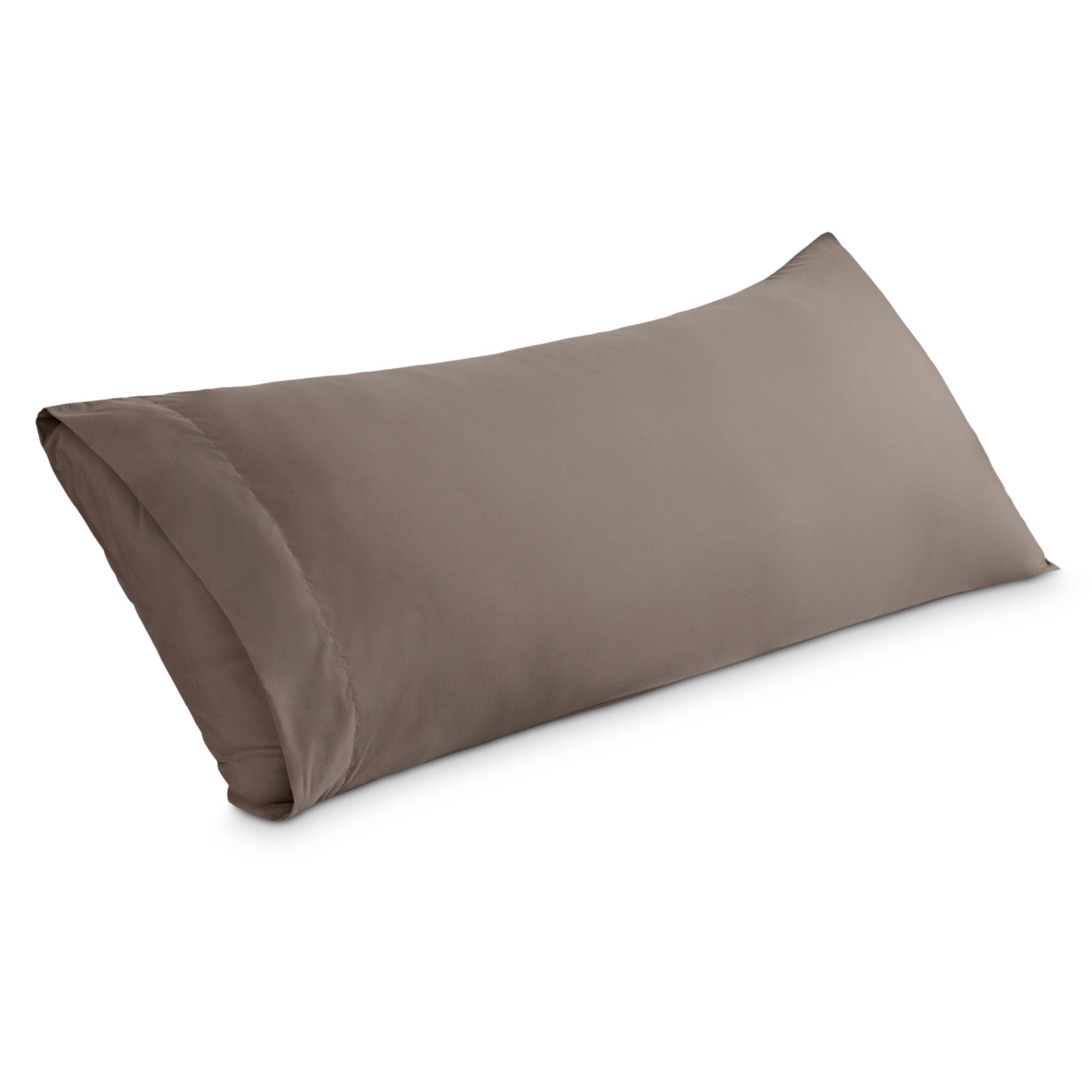 A body pillowcase on a pillow set against a headboard