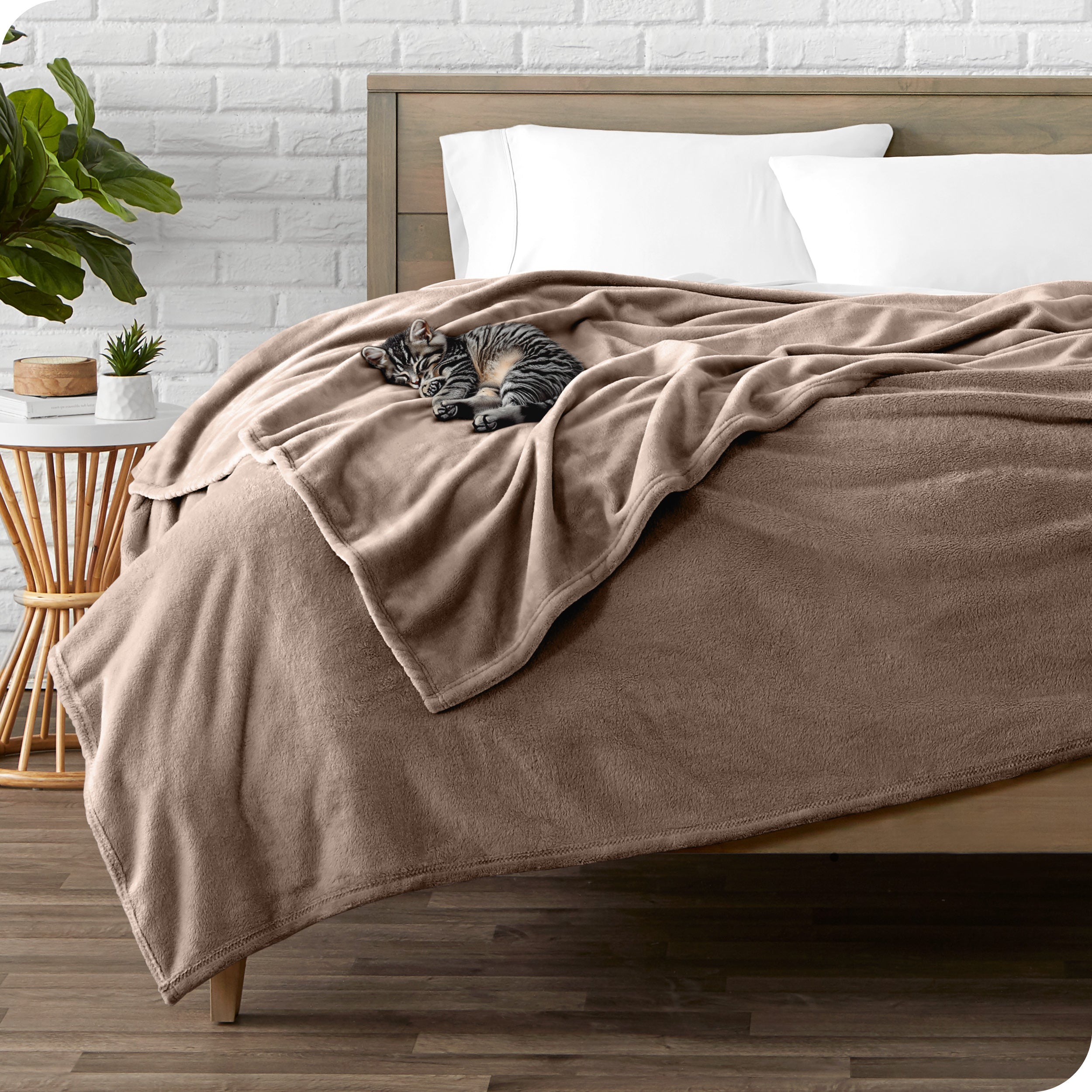 Microplush blanket laid out over a bed and folded back over itself