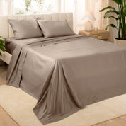 Diagonal view of a decorated room scene with sateen sheets