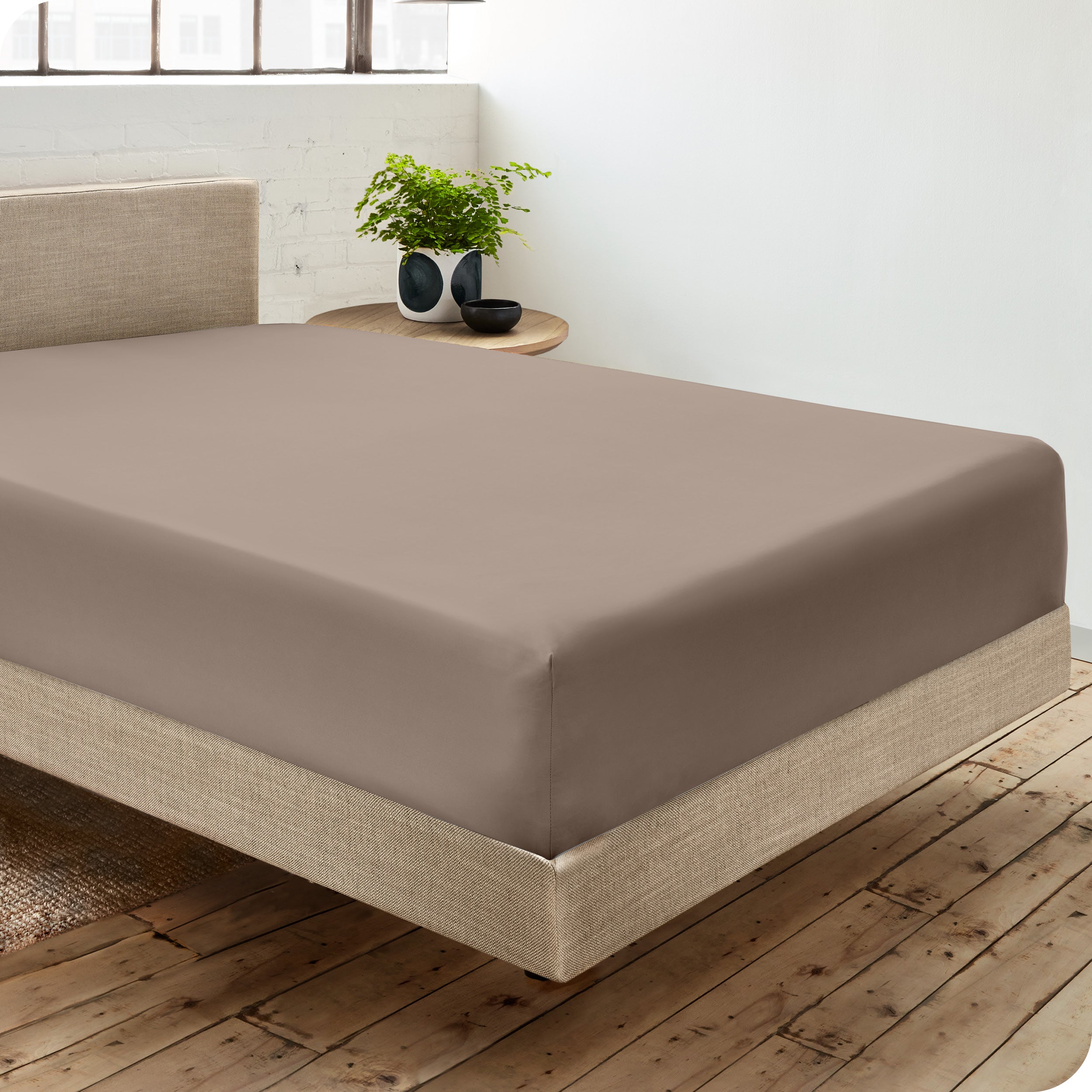 A single organic cotton fitted sheet on a bed