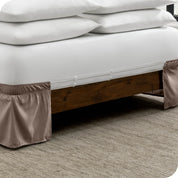 The adjustable elastic belt of a bed skirt wrapped around the mattress